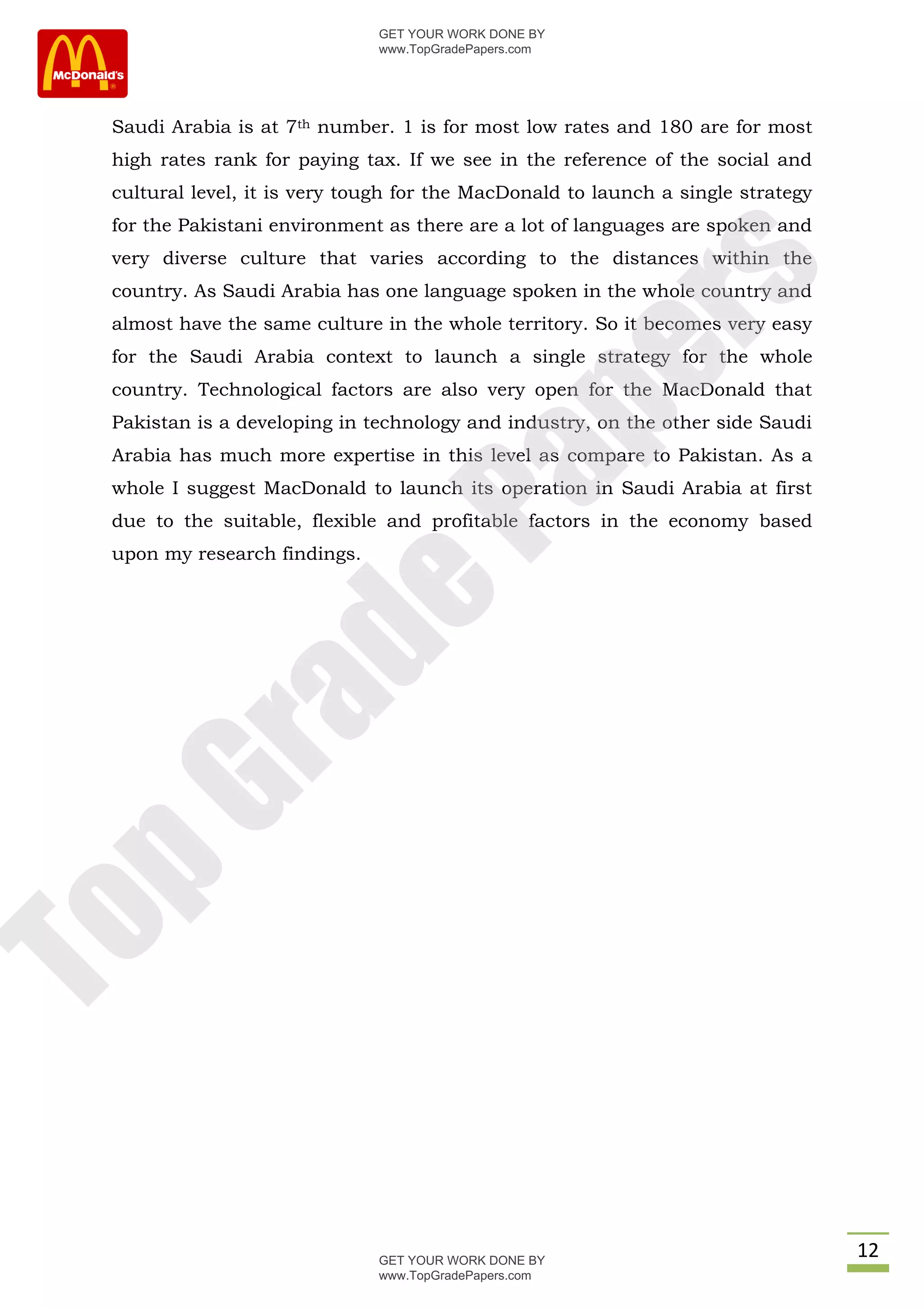 GET YOUR WORK DONE BY
                              www.TopGradePapers.com




 Saudi Arabia is at 7th number. 1 is for most low rates and 180 are for most
 high rates rank for paying tax. If we see in the reference of the social and
 cultural level, it is very tough for the MacDonald to launch a single strategy
 for the Pakistani environment as there are a lot of languages are spoken and
 very diverse culture that varies according to the distances within the




                                           rs
 country. As Saudi Arabia has one language spoken in the whole country and
 almost have the same culture in the whole territory. So it becomes very easy
 for the Saudi Arabia context to launch a single strategy for the whole




                                        pe
 country. Technological factors are also very open for the MacDonald that
 Pakistan is a developing in technology and industry, on the other side Saudi
 Arabia has much more expertise in this level as compare to Pakistan. As a


                           Pa
 whole I suggest MacDonald to launch its operation in Saudi Arabia at first
 due to the suitable, flexible and profitable factors in the economy based
 upon my research findings.
             de
   ra
pG
To




                              GET YOUR WORK DONE BY
                                                                                  12
                              www.TopGradePapers.com
 