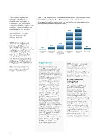 “Self-service is generally           Figure 11. 78% of organizations who introduced BPM to improve interactions with clients
cheaper. The number of               reported a positive impact. Improving the interactions with clients and / or CRM.
people being employed in             What impact has this BPM initiative had on your business from the following perspective:
call centers can be reduced.         Improving interactions with clients and/or CRM?
Younger customers in particular
expect to be serviced through                                                                                   41.8%
emerging Web 2.0 channels.”
                                                                                             36.1%

Systems Architect, enterprise
level telecommunications
business, Australia


“BPM combines business                                                     10.7%
processes, people and                                      5.7%
technology to achieve one                                                                                                       4.1%
                                          1.6%
single goal: getting and keeping
satisfied customers. It’s an          A very negative Quite a negative   Neither a       Quite a positive   A very positive   Don’t know
                                          impact          impact       positive impact       impact             impact
overall strategy to help you learn                                     nor a negative
more about your customers                                                  impact
and their behavior so you
can develop stronger, lasting
relationships that will benefit
both you and the customers.”           Capgemini view
                                                                                             BPM solutions are increasingly
                                                                                             seen as CRM 2.0. BPM allows
IT Consultant, enterprise level        Customers are demanding
                                                                                             more streamlined process for
consumer products and retail           more: More personalization and
                                                                                             managing customer interactions
business, North America                customization, a broader range
                                                                                             regardless of channel, all the way
                                       of engagement channels, greater
                                                                                             through the front, middle and
                                       access to information and more say
                                                                                             back office stages to resolution.
                                       in the buying process. Customers
                                       also expect recognition and a
                                                                                             Example: Warranty
                                       consistent response, regardless
                                                                                             management
                                       of what channel they are using.
                                       Organizations are increasingly
                                                                                             One application of BPM that
                                       using BPM to respond to these
                                                                                             benefits both vendor and
                                       changes. BPM is transforming
                                                                                             customer is in the field of
                                       case management and moving
                                                                                             warranty management in the
                                       into the traditional CRM space.
                                                                                             automotive sector. Typically,
                                       Adding a BPM layer to existing
                                                                                             administering warranties is
                                       processes helps address the
                                                                                             clumsy and expensive, involving
                                       problem of case management by
                                                                                             manufacturers, dealers, suppliers
                                       ensuring that all information is
                                                                                             and customers. Information is
                                       integrated – stakeholders have a
                                                                                             spread across myriad systems
                                       360 degree view of all interactions
                                                                                             and claims may be governed by
                                       with each customer. Companies
                                                                                             different policies and procedures.
                                       are able to access the right data
                                                                                             Application of a BPM solution
                                       in the right place and at the right
                                                                                             unifies all information, allowing
                                       time. The appropriate response
                                                                                             the streamlining of the full
                                       to different scenarios can be
                                                                                             warranty management process.
                                       automated. Wherever customer
                                       care is involved, there is scope
                                       for BPM to make life easier for
                                       both vendor and customer.




16
 