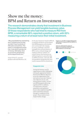 Show me the money:
BPM and Return on Investment
The research demonstrates clearly that investment in Business
Process Management can yield tangible business value.
Of those respondents who had tried to measure ROI from
BPM, a remarkable 96% reported a positive return, with 55%
measuring a return of at least twice their initial investment.

“We consolidated by centralizing   In the past, businesses found it difficult   Figure 14. Just 39% of respondents have
the IT infrastructure so that      to quantify the Return on Investment         attempted to measure ROI from BPM in a
                                                                                formal way.
we didn’t have hundreds of         from BPM programs as the benefits
little silos everywhere. This      were various and wide-ranging.               Have you attempted to measure
wasn’t a management power          It can be a challenge to measure             Return on Investment (ROI) from this
                                                                                BPM initiative in a formal way?
trip, it was about saving a lot    intangible but essential elements of
of money. Ultimately, from         BPM, such as cultural change and
an economic perspective,           employee behavior. Indeed, our                   Yes          No          Don’t know

all the departments win.”          research shows that businesses are
                                   still learning how to assess the value
Senior VP for IT, consumer         of a BPM investment, with only 39%
                                                                                38.7%                                  29.0%
products and retail Business, UK   of respondents stating that they have
                                   tried to measure ROI in a formal way.


                                     Capgemini view

                                     Setting the business case for
                                     organizations is often challenging.
                                     Getting the appropriate balance
                                                                                                               32.3%
                                     between the different objectives
                                     across the organization is key
                                     and rarely an easy task. However
                                     once objectives are set, and
                                     measurements in place, we have
                                     seen BPM programs delivering
                                     significant ROI. In addition,
                                     it is important to measure
                                     quantitative and qualitative
                                     factors when implementing BPM,
                                     and to track those measures
                                     through to completion of the
                                     project. Those results in turn
                                     inspire further change.




21
 