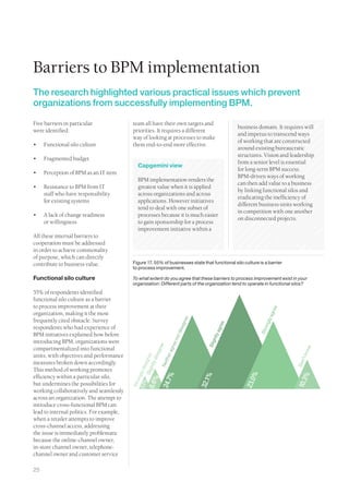 Barriers to BPM implementation
The research highlighted various practical issues which prevent
organizations from successfully implementing BPM.

Five barriers in particular               team all have their own targets and
                                                                                                            business domain. It requires will
were identified:                          priorities. It requires a different
                                                                                                            and impetus to transcend ways
                                          way of looking at processes to make
                                                                                                            of working that are constructed
•	   Functional silo culture              them end-to-end more effective.
                                                                                                            around existing bureaucratic
                                                                                                            structures. Vision and leadership
•	   Fragmented budget
                                                                                                            from a senior level is essential
                                              Capgemini view
                                                                                                            for long-term BPM success.
•	   Perception of BPM as an IT item
                                                                                                            BPM-driven ways of working
                                              BPM implementation renders the
                                                                                                            can then add value to a business
•	   Resistance to BPM from IT                greatest value when it is applied
                                                                                                            by linking functional silos and
     staff who have responsibility            across organizations and across
                                                                                                            eradicating the inefficiency of
     for existing systems                     applications. However initiatives
                                                                                                            different business units working
                                              tend to deal with one subset of
                                                                                                            in competition with one another
•	   A lack of change readiness               processes because it is much easier
                                                                                                            on disconnected projects.
     or willingness                           to gain sponsorship for a process
                                              improvement initiative within a
All these internal barriers to
cooperation must be addressed
in order to achieve commonality
of purpose, which can directly
contribute to business value.             Figure 17. 55% of businesses state that functional silo culture is a barrier
                                          to process improvement.

Functional silo culture                   To what extent do you agree that these barriers to process improvement exist in your
                                          organization: Different parts of the organization tend to operate in functional silos?
55% of respondents identified
functional silo culture as a barrier
to process improvement at their
                                                                                                                                   e
                                                                                                                               gre




organization, making it the most
                                                                                                                           ly a
                                                                                  ee




frequently cited obstacle. Survey
                                                                                                                        ong
                                                                              agr




                                                                                                       ee




respondents who had experience of
                                                                                                   agr
                                                                          dis




                                                                                                                       Str




BPM initiatives explained how before
                                                                                              htly
                                                                      nor




introducing BPM, organizations were
                                                                                          Slig
                                                                 re e
                                                                   e




compartmentalized into functional
                                                               gre




                                                                                                                                                w
                                                             r ag




                                                                                                                                             kno
                                                           isa




units, with objectives and performance
                                          6.6% lightly dee
                                                       ithe




                                                                                                                                         n’t
                                                         r




measures broken down accordingly.
                                                     sag




                                                                                                                                       Do
                                                    Ne




This method of working promotes
                                          3.2% gly di
                                                  S




                                                                                                                   %




                                                                                                                                            %
                                                %




                                                                                           %




efficiency within a particular silo,
                                               on




                                                                                                              23.0
                                          24.7




                                                                                                                                       10.3
                                                                                       32.1




but undermines the possibilities for
                                           Str




working collaboratively and seamlessly
across an organization. The attempt to
introduce cross-functional BPM can
lead to internal politics. For example,
when a retailer attempts to improve
cross-channel access, addressing
the issue is immediately problematic
because the online-channel owner,
in-store channel owner, telephone-
channel owner and customer service

25
 