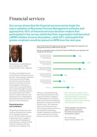 Financial services
Our survey shows that the financial services sector leads the
way in adoption of Business Process Management software and
approaches: 65% of financial services decision-makers that
participated in the survey stated that their organization had launched
a BPM initiative of some description, while 52% anticipated that
greater emphasis would be placed on BPM over the next year.

                                            Figure 23. More than half of financial services respondents believe their organization will
                                            place greater emphasis on BPM over the next year.

                                            How do you anticipate that the current level of interest in BPM within your organization will
                                            change over the next year?

                                                A lot more emphasis will
                                                 be placed on Business                                                18.8%
                                                  Process Management
                                                       over the next year

                                              A little more emphasis will
                                                  be placed on Business                                                               32.7%
                                                   Process Management
Nicholas Kitson, Head of Business                       over the next year
Process Management, Global
                                            The same amount of emphasis
Financial Services Unit, Capgemini              will be placed on Business
                                            Process Management over the                                                       27.3%
                                                                  next year

The effects of the global financial             A little less emphasis will
                                                  be placed on Business
crisis still loom over financial services          Process Management                        4.2%
providers. Shortcomings in regulation                     over the next year
of the sector have been brought                   A lot less emphasis will
into sharp focus by the economic                  be placed on Business                   3.6%
                                                  Process Management
downturn, which has also forced                          over the next year
financial players of all stripes to
reassess their cost position and the                          Don’t know                                 13.3%
ways in which they fight for market
share. Players in banking, insurance
and capital markets have all been           Solvency II. The problem facing                   62% of decision-makers in the
forced to scrutinize their processes        these financial institutions is how               financial services sector indicate
and Business Process Management             to gain and maintain compliance                   that responding to changes in
thinking has become more relevant           in a fluid regulatory environment,                legislation will become a more
than ever to these institutions.            while at the same time satisfying the             important driver for their business
                                            demands of customers for swift and                over the next 12 months.
Financial services                          efficient service. 62% of decision-
and compliance                              makers in the financial services
                                            sector that participated in the survey            “FSA legislation has become
The past few years have witnessed           anticipated that responding to                    tighter and this impacts
vociferous demand for the creation          changes in legislation would become               the sales process and the
of new legislation in financial             a more important driver for their                 techniques in place.”
services. By 2013, banks will need          business over the next 12 months.
to demonstrate their compliance                                                               Process Manager,
to the new Basel III standards on                                                             large insurance business, UK
capital adequacy; similarly, by 2014,
insurance companies will need
to demonstrate compliance with

33
 