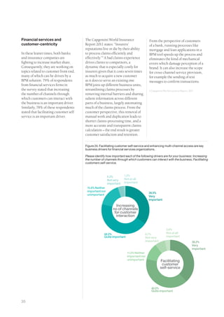 Financial services and                   The Capgemini World Insurance                   From the perspective of customers
customer-centricity                      Report 2011 states: “Insurers’                  of a bank, running processes like
                                         reputations live or die by their ability        mortgage and loan applications in a
In these leaner times, both banks        to process claims efficiently and               BPM tool speeds up the process and
and insurance companies are              effectively.”5 A bad claims experience          eliminates the kind of mechanical
fighting to increase market share.       drives clients to competitors, a                errors which damage perception of a
Consequently, they are working on        dynamic that is especially costly for           brand. It can also increase the scope
topics related to customer front end,    insurers given that it costs seven times        for cross-channel service provision,
many of which can be driven by a         as much to acquire a new customer               for example the sending of text
BPM solution. 79% of respondents         as it does to serve an existing one.            messages to confirm transactions.
from financial services firms in         BPM joins up different business units,
the survey stated that increasing        streamlining claims processes by                5 Capgemini World Insurance Report, 2011
the number of channels through           removing internal barriers and sharing
which customers can interact with        salient information across different
the business is an important driver.     parts of a business, largely automating
Similarly, 78% of these respondents      much of the claims process. From the
stated that facilitating customer self   customer perspective, this removal of
service is an important driver.          manual work and duplication leads to
                                         shorter claims-processing time, and a
                                         more accurate and transparent claims
                                         calculation – the end result is greater
                                         customer satisfaction and retention.


                                         Figure 24. Facilitating customer self-service and enhancing multi-channel access are key
                                         business drivers for financial services organizations.

                                         Please identify how important each of the following drivers are for your business: Increasing
                                         the number of channels through which customers can interact with the business; Facilitating
                                         customers self-service.



                                                          4.2%        1.2%
                                                          Not very    Not at all
                                                          important   important
                                          15.8% Neither
                                          important nor
                                                                                         34.5%
                                          unimportant
                                                                                         Very
                                                                                         important

                                                               Increasing
                                                             no of channels
                                                              for customer
                                                               interaction


                                                                                                        3.6%
                                                       44.2%                          6.7%              Not at all
                                                       Quite important                Not very          important
                                                                                      important                                38.2%
                                                                                                                               Very
                                                                                                                               important
                                                                         11.5% Neither
                                                                         important nor
                                                                         unimportant              Facilitating
                                                                                                   customer
                                                                                                  self-service




                                                                                           40.0%
                                                                                           Quite important


35
 