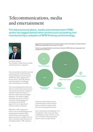 Telecommunications, media
and entertainment
The telecommunications, media and entertainment (TME)
sector has lagged behind other sectors such as banking and
manufacturing in adoption of BPM thinking and technology.


                                          Figure 30. Half of respondents in the communications sector anticipate increased interest in
                                          BPM at their organization over the next 12 months.

                                          How do you anticipate that the current level of interest in BPM within your organization will
                                          change over the next year?




                                                      16.4%
Jean-Marc Steffann,
Vice President, Global Telecom, Media
and Entertainment, Capgemini                                                                   34.5%
                                               A lot more emphasis



Our research shows that the sector may
                                                                                                                            0.9%
catch up quickly as half of decision-
makers anticipate increased interest                                                                                 A lot less emphasis
in BPM from their organization in                       23.3%
the near future. The TME industry                                                     A little more emphasis
is facing a number of challenges
that are fuelling interest in BPM.
                                                                                     3.4%

The research findings show that more             The same amount                                                       21.6%
                                                   of emphasis              A little less emphasis
than two in three telecommunications,
media and entertainment companies
anticipate that maximizing cost-
efficiency will become increasingly
important. The market is highly                                                                                     Don’t know
saturated and revenue is likely to
remain flat. Resulting pressure
on margins is forcing TME                 will come under further pressure,
players to focus on operational           as both businesses and consumers
efficiency and cost reduction.            look to cut back on expenses and
                                          the risk of non-payment increases.
BPM allows TME companies to
reduce costs by automating processes,     This is reflected by the finding that 72%
integrating front and back office         of companies in the sector state that a
functions and connecting all the          challenging economic climate over the
inputs necessary to complete a task. If   next 12 months will prompt greater
there is a further market downturn in     interest in process improvement.
developed markets, TME companies


42
 