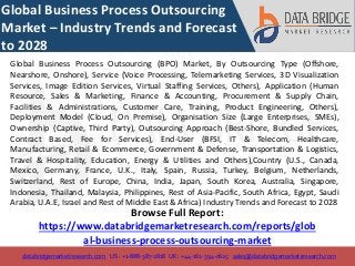 databridgemarketresearch.com US : +1-888-387-2818 UK : +44-161-394-0625 sales@databridgemarketresearch.com
1
Global Business Process Outsourcing
Market – Industry Trends and Forecast
to 2028
Browse Full Report:
https://www.databridgemarketresearch.com/reports/glob
al-business-process-outsourcing-market
Global Business Process Outsourcing (BPO) Market, By Outsourcing Type (Offshore,
Nearshore, Onshore), Service (Voice Processing, Telemarketing Services, 3D Visualization
Services, Image Edition Services, Virtual Staffing Services, Others), Application (Human
Resource, Sales & Marketing, Finance & Accounting, Procurement & Supply Chain,
Facilities & Administrations, Customer Care, Training, Product Engineering, Others),
Deployment Model (Cloud, On Premise), Organisation Size (Large Enterprises, SMEs),
Ownership (Captive, Third Party), Outsourcing Approach (Best-Shore, Bundled Services,
Contract Based, Fee for Services), End-User (BFSI, IT & Telecom, Healthcare,
Manufacturing, Retail & Ecommerce, Government & Defense, Transportation & Logistics,
Travel & Hospitality, Education, Energy & Utilities and Others),Country (U.S., Canada,
Mexico, Germany, France, U.K., Italy, Spain, Russia, Turkey, Belgium, Netherlands,
Switzerland, Rest of Europe, China, India, Japan, South Korea, Australia, Singapore,
Indonesia, Thailand, Malaysia, Philippines, Rest of Asia-Pacific, South Africa, Egypt, Saudi
Arabia, U.A.E, Israel and Rest of Middle East & Africa) Industry Trends and Forecast to 2028
 