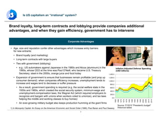 7
•  Age, size and reputation confer other advantages which increase entry barriers
for new entrants:
•  Brand loyalty (and marketing)
•  Long-term contracts with large buyers
•  Ties with government (lobbying)
•  e.g.: US automakers against Japanese in the 1980s and Alcoa (aluminum) in the
1990s, whose CEO at the time was Paul O’Neill, who became U.S. Treasury
Secretary; steel in the 2000s, orange juice and food today
•  Expansion of government to ensure that businesses remain profitable (and prop up
consumer demand): when companies efficiency increases, unemployment tends to
increase and wages tend to decrease or suffer pressure
•  As a result, government spending is required (e.g. the social welfare state in the
1930s and 1960s, which created the social security system, minimum-wage and
unemployment-compensation laws, the Wagner Act (which required employers to
recognize and bargain with unions when workers voted to unionize), and tax laws
helping the middle and working classes to buy homes)
•  An ever-growing military budget also keeps production humming at the giant firms
Brand loyalty, long-term contracts and lobbying provide companies additional
advantages, and when they gain efficiency, government has to intervene
Is US capitalism an “irrational” system?
1) In Monopoly Capital: An Essay on the American Economic and Social Order (1966), Paul Baran and Paul Sweezy
Corporate Advantages
Source: FY2010 "President's budget"
Historical tables
Inflation Adjusted Defense Spending
(USD billions)
 