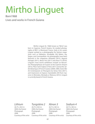 42
Mirtho LinguetBorn1968
Lives and works in French Guiana
Mirtho Linguet (b. 1968) known as “Mirto” was
born in Cayenne, French Guiana. He studied photog-
raphy at MI21 in Montreuil, France. Early in his career,
Linguet worked as a photographer for fashion maga-
zines such as Edelweiss, Annabelle, GQ, Bolero, Joy,
Vogue, and Cosmopolitan. His photographs have been
featured in the magazines Afrikadaa (2012), Regards
Partagés (2011), (2011) and Area n°2 (2010).
Linguet’s most recent exhibitions include Les Rencon-
tres Photographiques de Guyane at the Cayenne Airport
(2012), Place Saint Sulpice in Paris (2011) and at the Jar-
din Botanique of French Guiana (2009),
Art Contemporain at l’Orangerie du Sénat, Paris (2011),
and Impressions en Espaces from Cay-
enne to Montabo, Montjoly or Matoury (2012). Linguet
is currently based in French Guiana.
26.75 x 38.5 in
(With the frame)
Photograph
2008
Courtesy of the artist
Lithium Sodium 4
26.75 x 38.5 in
(With the frame)
Photograph
2008
Courtesy of the artist
26.75 x 38.5 in
(With the frame)
Photograph
2008
Courtesy of the artist
26.75 x 38.5 in
(With the frame)
Photograph
2008
Courtesy of the artist
 