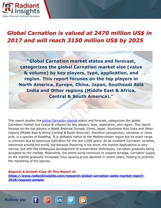 Follow Us:
Global Carnation is valued at 2470 million US$ in
2017 and will reach 3150 million US$ by 2025
This report studies the global Carnation market status and forecast, categorizes the global
Carnation market size (value & volume) by key players, type, application, and region. This report
focuses on the top players in North America, Europe, China, Japan, Southeast Asia India and Other
regions (Middle East & Africa, Central & South America). Dianthus caryophyllus, carnation or clove
pink, is a species of Dianthus. It is probably native to the Mediterranean region but its exact range
is unknown due to extensive cultivation for the last 2,000 years. As an excellent Carnation varieties,
welcomed around the world, but because flowering is too short, the market Applications is very
narrow, but with the continuous development of preservation techniques, Carnation gradually being
accepted by the market. Meanwhile, the entire world continues to expand acreage, Carnation supply
on the market gradually increased, thus causing prices declined in recent years, helping to promote
the marketing of the species.
Request A Sample Copy Of This Report at:
https://www.radiantinsights.com/research/global-carnation-sales-market-report-
2018/request-sample
“Global Carnation market status and forecast,
categorizes the global Carnation market size (value
& volume) by key players, type, application, and
region. This report focuses on the top players in
North America, Europe, China, Japan, Southeast Asia
India and Other regions (Middle East & Africa,
Central & South America).”
 