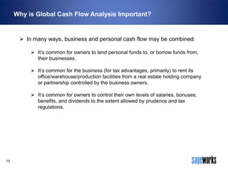 Why is Global Cash Flow Analysis Important?

 In many ways, business and personal cash flow may be combined:
 It’s common for owners to lend personal funds to, or borrow funds from,
their businesses.
 It’s common for the business (for tax advantages, primarily) to rent its
office/warehouse/production facilities from a real estate holding company
or partnership controlled by the business owners.
 It’s common for owners to control their own levels of salaries, bonuses,
benefits, and dividends to the extent allowed by prudence and tax
regulations.

15

 