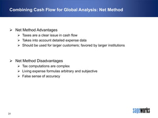 Combining Cash Flow for Global Analysis: Net Method

 Net Method Advantages
 Taxes are a clear issue in cash flow
 Takes into account detailed expense data
 Should be used for larger customers; favored by larger institutions

 Net Method Disadvantages
 Tax computations are complex
 Living expense formulas arbitrary and subjective
 False sense of accuracy

31

 