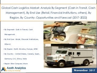 (c) AZOTH Analytics
Global Cash Logistics Market: Analysis By Segment (Cash in Transit, Cash
Management), By End Use (Retail, Financial Institutions, others), By
Region, By Country: Opportunities and Forecast (2017-2022)
• By Segment- Cash in Transit, Cash
Management
• By End User -Retail, Financial Institutions,
Others)
• By Region- North America, Europe, APAC
• By Country - United States, Canada, Spain,
Germany, U.K, China, India
• Region Wise Company share
1November 2017
 