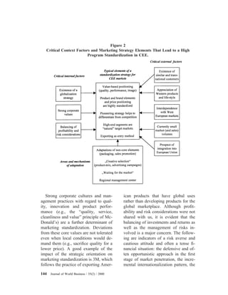 Strong corporate cultures and man-
agement practices with regard to qual-
ity, innovation and product perfor-
mance (e.g., the “quality, service,
cleanliness and value” principle of Mc-
Donald’s) are a further determinant of
marketing standardization. Deviations
from these core values are not tolerated
even when local conditions would de-
mand them (e.g., sacriﬁce quality for a
lower price). A good example of the
impact of the strategic orientation on
marketing standardization is 3M, which
follows the practice of exporting Amer-
ican products that have global uses
rather than developing products for the
global marketplace. Although proﬁt-
ability and risk considerations were not
shared with us, it is evident that the
balancing of investments and returns as
well as the management of risks in-
volved is a major concern. The follow-
ing are indicators of a risk averse and
cautious attitude and often a tense ﬁ-
nancial situation: the defensive and of-
ten opportunistic approach in the ﬁrst
stage of market penetration, the incre-
mental internationalization pattern, the
Figure 2
Critical Context Factors and Marketing Strategy Elements That Lead to a High
Program Standardization in CEE.
144 Journal of World Business / 35(2) / 2000
 