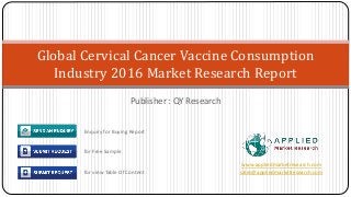 Publisher : QY Research
Global Cervical Cancer Vaccine Consumption
Industry 2016 Market Research Report
www.appliedmarketresearch.com
sales@appliedmarketresearch.com
Enquiry for Buying Report
for Free Sample
for view Table Of Content
 