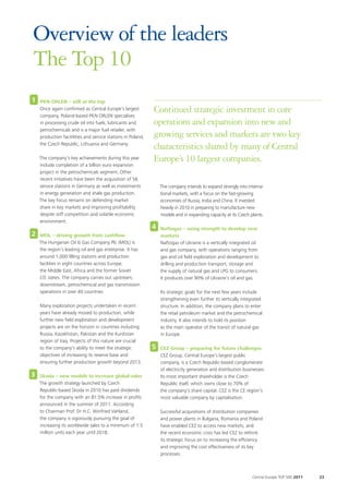 Overview of the leaders
The Top 10
1   PKN ORLEN – still at the top
    Once again confirmed as Central Europe’s largest          Continued strategic investment in core
    company, Poland-based PKN ORLEN specialises
    in processing crude oil into fuels, lubricants and        operations and expansion into new and
    petrochemicals and is a major fuel retailer, with
    production facitilities and service stations in Poland,   growing services and markets are two key
    the Czech Republic, Lithuania and Germany.
                                                              characteristics shared by many of Central
    The company’s key achievements during this year           Europe’s 10 largest companies.
    include completion of a billion euro expansion
    project in the petrochemicals segment. Other
    recent initiatives have been the acquisition of 56
    service stations in Germany as well as investments            The company intends to expand strongly into interna-
    in energy generation and shale gas production.                tional markets, with a focus on the fast-growing
    The key focus remains on defending market                     economies of Russia, India and China. It invested
    share in key markets and improving profitability              heavily in 2010 in preparing to manufacture new
    despite stiff competition and volatile economic               models and in expanding capacity at its Czech plants.
    environment.
                                                              4   Naftogaz – using strength to develop new
2   MOL – driving growth from cashflow                            markets
    The Hungarian Oil & Gas Company Plc (MOL) is                  Naftogaz of Ukraine is a vertically integrated oil
    the region’s leading oil and gas enterprise. It has           and gas company, with operations ranging from
    around 1,000 filling stations and production                  gas and oil field exploration and development to
    facilities in eight countries across Europe,                  drilling and production transport, storage and
    the Middle East, Africa and the former Soviet                 the supply of natural gas and LPG to consumers.
    CIS states. The company carries out upstream,                 It produces over 90% of Ukraine’s oil and gas.
    downstream, petrochemical and gas transmission
    operations in over 40 countries.                              Its strategic goals for the next few years include
                                                                  strengthening even further its vertically integrated
    Many exploration projects undertaken in recent                structure. In addition, the company plans to enter
    years have already moved to production, while                 the retail petroleum market and the petrochemical
    further new field exploration and development                 industry. It also intends to hold its position
    projects are on the horizon in countries including            as the main operator of the transit of natural gas
    Russia, Kazakhstan, Pakistan and the Kurdistan                in Europe.
    region of Iraq. Projects of this nature are crucial
    to the company’s ability to meet the strategic            5   CEZ Group – preparing for future challenges
    objectives of increasing its reserve base and                 CEZ Group, Central Europe’s largest public
    ensuring further production growth beyond 2013.               company, is a Czech Republic-based conglomerate
                                                                  of electricity generation and distribution businesses.
3   Skoda – new models to increase global sales                   Its most important shareholder is the Czech
    The growth strategy launched by Czech                         Republic itself, which owns close to 70% of
    Republic-based Skoda in 2010 has paid dividends               the company’s share capital. CEZ is the CE region’s
    for the company with an 81.5% increase in profits             most valuable company by capitalisation.
    announced in the summer of 2011. According
    to Chairman Prof. Dr H.C. Winfried Vahland,                   Successful acquisitions of distribution companies
    the company is vigorously pursuing the goal of                and power plants in Bulgaria, Romania and Poland
    increasing its worldwide sales to a minimum of 1.5            have enabled CEZ to access new markets, and
    million units each year until 2018.                           the recent economic crisis has led CEZ to rethink
                                                                  its strategic focus on to increasing the efficiency
                                                                  and improving the cost effectiveness of its key
                                                                  processes.



                                                                                                                 Central Europe TOP 500 2011   23
 