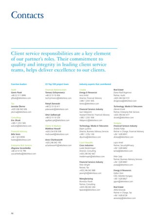 Contacts


Client service responsibilities are a key element
of our partner’s roles. Their commitment to
quality and integrity in leading client service
teams, helps deliver excellence to our clients.

Function leaders              CE Top 500 project team        Industry experts that contributed

Audit                         Financial Advisory team        Croatia                                  Real Estate
Gavin Flook                   Tomasz Ochrymowicz             Energy & Resources                       Diana Radl Rogerova
+48 22 511 0896               +48 22 5110 456                Ivica Krešić                             Partner, Audit
gflook@deloittece.com         tochrymowicz@deloittece.com    Director, Financial Advisory             +420 246 042 572
                                                             +385 1 2351 935                          drogerova@deloittece.com
Tax                           Patryk Darowski                ikresic@deloittece.com
Jaroslav Škvrna               +48 22 5110 411                                                         Technology, Media & Telecomm.
+420 246 042 636              pdarowski@deloittece.com       Financial Services Industry              Zdenek Krizek
jskvrna@deloittece.com                                       Ivan Fabijančić                          Partner, Enterprise Risk Services
                              Artur Galbarczyk               Assistant Director, Financial Advisory   +420 246 042 677
Consulting                    +48 22 5110 526                +385 1 2351 936                          zkrizek@deloittece.com
Eric Olcott                   agalbarczyk@deloittece.com     ifabijancic@deloittece.com
+385 1 2351 945                                                                                       Hungary
eolcott@deloittece.com        Clients & Markets              Technology, Media & Telecomm.            Financial Services Industry
                              Matthew Howell                 Dejan Ljuština                           András Fülöp
Financial Advisory            +420 234 078 558               Director, Business Advisory Services     Partner in Charge, Financial Advisory
Béla Seres                    mathowell@deloittece.com       +385 1 2352 100                          +36 1 428 6937
+36 1 423 6936                                               dljustina@deloittece.com                 afulop@deloittece.com
bseres@deloittece.com         Anne Charlesworth
                              +420 246 042 195               Czech Republic                           Lajos Antal
Enterprise Risk Services      acharlesworth@deloittece.com   Cross industries                         Partner, Security&Privacy
Zbigniew Szczerbetka                                         Ludek Niedermayer                        +36 1 428 6402
+48 22 5110 799                                              Director, Consulting                     Iantal@deloittece.com
zszczerbetka@deloittece.com                                  +420 246 042 667
                                                             lniedermayer@deloittece.com              Péter Szép
                                                                                                      Partner, Business Advisory Services
                                                             Financial Services Industry              +36 1 428 6967
                                                             Peter Wright                             pszep@deloittece.com
                                                             Partner, Tax
                                                             +420 246 042 888                         Energy & Resources
                                                             pewright@deloittece.com                  Gábor Gion
                                                                                                      CEO, Deloitte Hungary
                                                             Manufacturing                            +36 1 428 6827
                                                             Bronislav Panek                          ggion@deloittece.com
                                                             Partner, Consulting
                                                             +420 246 042 264                         Real Estate
                                                             bpanek@deloittece.com                    Attila Kövesdy
                                                                                                      Partner in Charge, Tax
                                                                                                      +36 1 428 6728
                                                                                                      akovesdy@deloittece.com




72
 