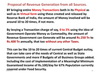 4/3/2019 35
BY bringing entire Money Transactions both in its Physical as
well as in Virtual form using these created and released by
Reserve Bank of India, the amount of Money involved will be
around 10 to 20 times, if not more.
By levying a Transaction charge of say, 0 to 2% using the idea of
Government Operate Money as Commodity, the amount of
Revenue Government can Generate will be around Rs.250 Tn to
Rs.400 Tn annually, that too without any other Taxes.
This can be like 10 to 20 times of current Central Budget outlay,
that can take care of the needs of Central as well as State
Governments and more if Budgets of all Business Groups added.
Including the cost of implementation of a Meaningful Minimum
Guaranteed Income of Rs.100/day for 67% Population currently
covered under Food Security.
Proposal of Revenue Generation from all Sources.
 
