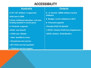 ACCESSIBILITY
              Australia                              Ontario
► 871,107 children in approved        ► In Toronto 20000 children receive
                                      childcare
child care in 2009
                                      ► Budget cut for childcare in 2012
►Early childhood education and care
funding doubled in recent years       ► Financial supports

► Financial supports                  ●Canada Child Tax Benefit

●Child care benefit                   ● OCCS ( Ontario Child Care Supplement )

● Child care Rebate                   ●OCB ( Ontario Child Benefit )

☺New benefits to come

● Occasional care service

●JET Child care fee assistant

● Childcare service support
 