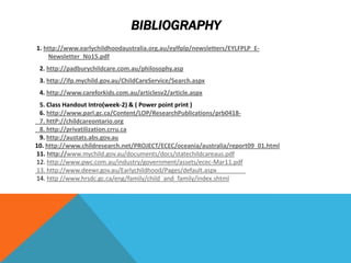 BIBLIOGRAPHY
1. http://www.earlychildhoodaustralia.org.au/eylfplp/newsletters/EYLFPLP_E-
     Newsletter_No15.pdf
 2. http://padburychildcare.com.au/philosophy.asp
 3. http://ifp.mychild.gov.au/ChildCareService/Search.aspx
 4. http://www.careforkids.com.au/articlesv2/article.aspx
 5. Class Handout Intro(week-2) & ( Power point print )
 6. http://www.parl.gc.ca/Content/LOP/ResearchPublications/prb0418-
 7. httP://childcareontario.org
 8. http://privatilization.crru.ca
 9. http://austats.abs.gov.au
10. http://www.childresearch.net/PROJECT/ECEC/oceania/australia/report09_01.html
11. http://www.mychild.gov.au/documents/docs/statechildcareaus.pdf
12. http://www.pwc.com.au/industry/government/assets/ecec-Mar11.pdf
13. http://www.deewr.gov.au/Earlychildhood/Pages/default.aspx
14. http //www.hrsdc.gc.ca/eng/family/child_and_family/index.shtml
 