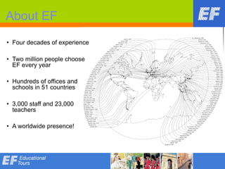 About EF
• Four decades of experience

• Two million people choose
  EF every year

• Hundreds of offices and
  schools in 51 countries

• 3,000 staff and 23,000
  teachers

• A worldwide presence!
 