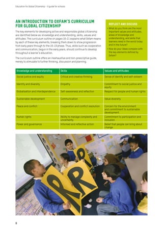 An introduction to Oxfam’s Curriculum
for Global Citizenship
The key elements for developing active and responsible global citizenship
are identified below as: knowledge and understanding, skills, values and
attitudes. The curriculum outline on pages 16-21 explains what Oxfam means
by each of these key elements, breaking them down to show progression
from early years through to the 16-19 phase. Thus, skills such as cooperation
and communication, begun in the early years, should continue to develop
throughout a learner’s education.
The curriculum outline offers an inexhaustive and non-prescriptive guide,
merely to stimulate to further thinking, discussion and planning.
Reflect AND DISCUSS
•	What do you think are the most
important values and attitudes,
areas of knowledge and
understanding, and skills that
learners need in the world today
and in the future?
•	How do your ideas compare with
the key elements defined by
Oxfam?
Knowledge and understanding Skills Values and attitudes
Social justice and equity Critical and creative thinking Sense of identify and self-esteem
Identity and diversity Empathy Commitment to social justice and
equity
Globalisation and interdependence Self-awareness and reflection Respect for people and human rights
Sustainable development Communication Value diversity
Peace and conflict Cooperation and conflict resolution Concern for the environment
and commitment to sustainable
development
Human rights Ability to manage complexity and
uncertainty
Commitment to participation and
inclusion
Power and governance Informed and reflective action Belief that people can bring about
change
88
Education for Global Citizenship – A guide for schools
Photo: Caroline Irby
 