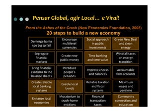 Pensar Global, agir Local… e Viral!
From the Ashes of the Crash (New Economics Foundation, 2008)
              20 steps to build a new economy
                      Encourage      Social approach     Green New Deal
  Demerge banks
                      multilevel        in public           and clean
   too big to fail
                      currencies      investments            energy
     Segregate                                           Windfall taxes
                      Create new      Time banking
      financial                                           on energy
                     public money    and time value
      markets                                             transition
   Bring financial     Introduce
                                     Improve checks        Accountable
  exotisms to the       people’s
                                      and balances        firm accounts
  balance sheets        pensions
   Create reliable                   Reliable taxation     Maximum
                      Enable local
    local banking                        and fiscal        wages and
                        bonds
       systems                            systems          pensions
                     Moratorium to      Financial          Community
   Enhance local
                      crash-home       transaction       connection and
    economies
                        evictions         taxes             education
 