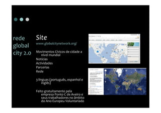 rede     Site
         www.globalcitynetwork.org/
global
city 2.0 Movimentos Cívicos de cidade a
           nível mundial
            Notícias
            Actividades
            Parcerias
            Rede

            3 línguas (português, espanhol e
                 inglês)

            Feito gratuitamente pela
                empresa Ponto C de Aveiro e
                seus trabalhadores no âmbito
                do Ano Europeu Voluntariado
 
