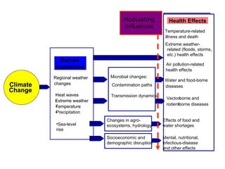 Modulating        Health effects
                                                        Health Effects
                                     influences
                                                       Temperature-related
                                                        Temperature -related
                                                       illness and death
                                                       Extreme weather-
                                                       Extreme(floods, -
                                                        related weather  storms,
                                                       related health effects
                                                        etc.) health effects
            Human
                                                       Air pollution-related
                                                        Air pollution-related
           exposures                                   health effects
          Regional weather    Microbial changes:
                              Contamination
                                                       Water and food-borne
                                                       Water and food-borne
Climate   changes             pathways
                               Contamination paths     diseases
Change
          • eat waves
          H                   Transmission dynamics
                               Transmission
                                                        Vectorborne and
                                                               -
          Extreme weather
          •                   dynamics                  rodentborne diseases
                                                              borne diseases
                                                        rodent-
          • emperature
          T
          •
          Precipitation
                             Changes in agro-         Effects of food and
           •Sea-level        ecosystems, hydrology    water shortages
           rise
                             Socioeconomic and        Mental, nutritional,
                             demographic disruption   infectious-disease
                                                      and other effects
 