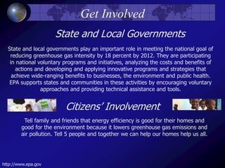 Get Involved
State and local governments play an important role in meeting the national goal of
reducing greenhouse gas intensity by 18 percent by 2012. They are participating
in national voluntary programs and initiatives, analyzing the costs and benefits of
actions and developing and applying innovative programs and strategies that
achieve wide-ranging benefits to businesses, the environment and public health.
EPA supports states and communities in these activities by encouraging voluntary
approaches and providing technical assistance and tools.
State and Local Governments
Tell family and friends that energy efficiency is good for their homes and
good for the environment because it lowers greenhouse gas emissions and
air pollution. Tell 5 people and together we can help our homes help us all.
http://www.epa.gov
Citizens’ Involvement
 