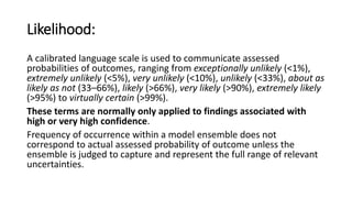 Likelihood:
A calibrated language scale is used to communicate assessed
probabilities of outcomes, ranging from exceptionally unlikely (<1%),
extremely unlikely (<5%), very unlikely (<10%), unlikely (<33%), about as
likely as not (33–66%), likely (>66%), very likely (>90%), extremely likely
(>95%) to virtually certain (>99%).
These terms are normally only applied to findings associated with
high or very high confidence.
Frequency of occurrence within a model ensemble does not
correspond to actual assessed probability of outcome unless the
ensemble is judged to capture and represent the full range of relevant
uncertainties.
 