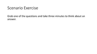 Scenario Exercise
Grab one of the questions and take three minutes to think about an
answer.
 