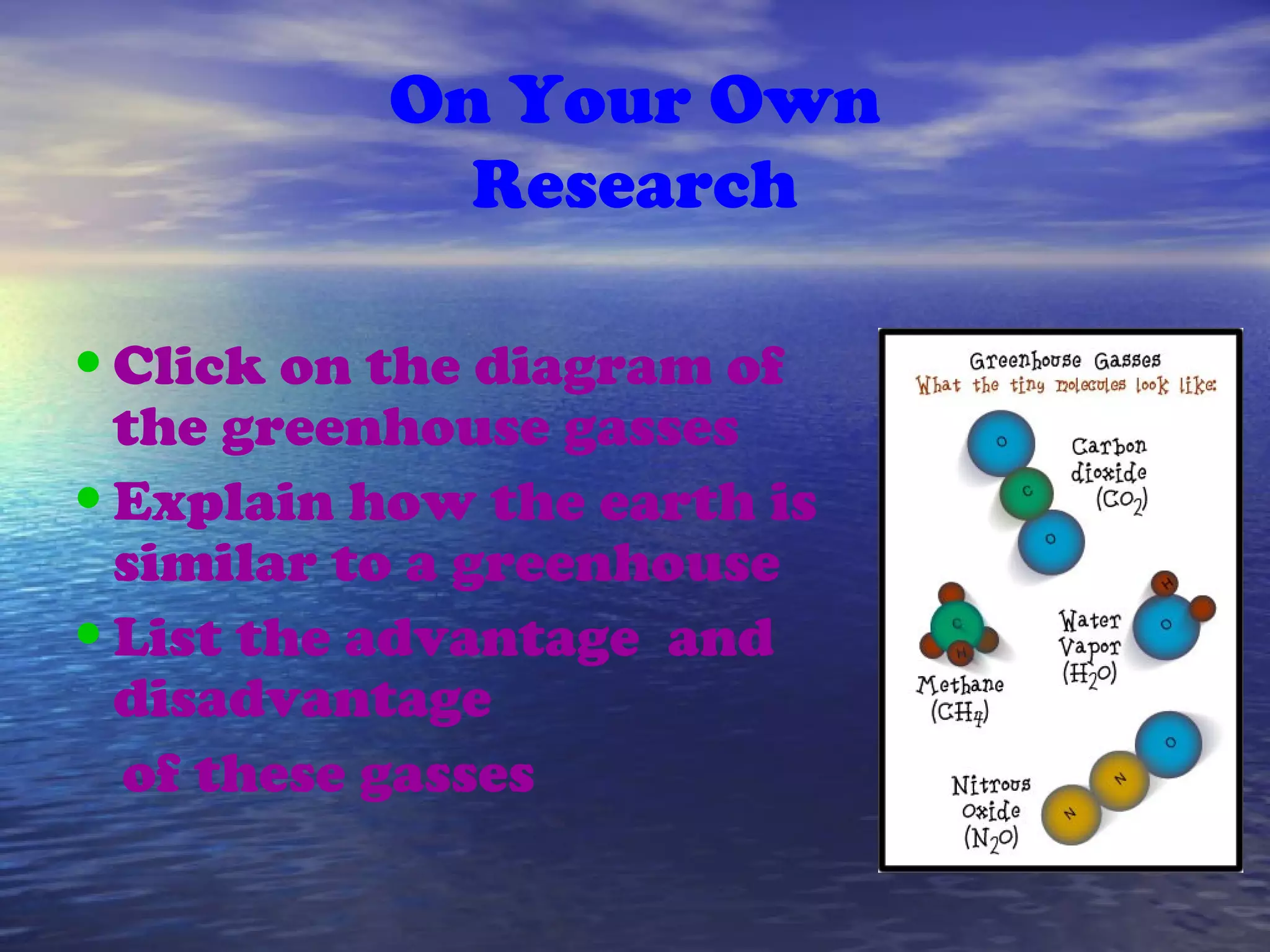 On Your Own
Research
•Click on the diagram of
the greenhouse gasses
•Explain how the earth is
similar to a greenhouse
•List the advantage and
disadvantage
of these gasses
 