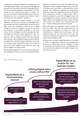 44 | April 2013	 REPRINT - Global CMO™
The Magazine - www.theglobalcmo.com	
to digitisation would entail assigning a designated role of
Chief Digital Officer (CDO), which combines knowledge and
expertise from both fields of the Chief Technology Officer’s
and the Chief Marketing Officer’s responsibilities. The CDO,
running his own cross-functional group of experts, can
become a key driver for identifying digital opportunities for
marketing but more so innovative new business models
that create real value added for customers.
With top management’s support backing it up, the
organisation will then be more open to adopt digital tools
and processes and their implementation across the entire
value chain. Top management needs to put a digital
strategy on the top of its agenda and build the know-how
and awareness for the related challenges in the board
rooms. The first challenge lies within acquiring necessary
knowledge and expertise around digital topics. But: you
won’t be able to acquire that externally by hiring top
talent from the pool of digital natives if you aren’t digitally
ready yourself. These potential employees tend to flock to
companies that match their digital enthusiasm and skills:
Our research shows that 81% of Leaders find it easy to
attract and retain qualified human resources, while only
24% of Laggards can say the same.
Although Digital Laggards are the ones that most badly need
top management to step up, kick off and advocate Digital
Readiness, only 28% of them state that digital topics are
regularly part of their management agenda. By contrast 98%
of Leaders make these topics a recurring theme on their
agendas. Their differences regarding top management’s
readiness to tackle the subject become even more evident
when analysing its know-how of digital topics: 98% of
Leaders compared to a mere 15% of Laggards claim their
top management can draw on valuable know-how regarding
Digital. Without top management support, Digital remains
communication 2.0 sitting in the marketing department
only – instead of being a central driver for growth.
Most importantly top management needs to radiate and
instil this digital spirit into their organisations, act as
role models, give guidance for change and foster the
implementation of digital tools and processes. That way
employees sense the true importance of the topic, feel
motivated to tag along and feed back into an organisational
culture fostering digital change.
Building on this, we define Digital Readiness as the extent
to which an organisation combines top management’s
awareness for digital topics with the adoption of digital
marketing tools and processes which are effectively used
to increase customer agility and drive digital change across
the entire value chain.
Exhibit 1: Stages of Digital Media utilization
 