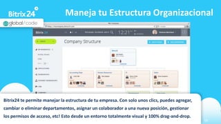 www.bitrix24.com 18
Maneja tu Estructura Organizacional
Bitrix24 te permite manejar la estructura de tu empresa. Con solo unos clics, puedes agregar,
cambiar o eliminar departamentos, asignar un colaborador a una nueva posición, gestionar
los permisos de acceso, etc! Esto desde un entorno totalmente visual y 100% drag-and-drop.
 