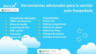 www.bitrix24.com 27
Herramientas adicionales para la versión
auto-hospedada
Personalizables:
Acerca de…
Noticias corporativas
Galería de videos
Galería de fotos
Trabajos & puestos
Cambios de personal
Herramientas Adicionales:
Tablón de Anuncios
Mesa de Ayuda
e-Learning & FAQ
Wiki común
Encuestas
Gestor de Ideas
 