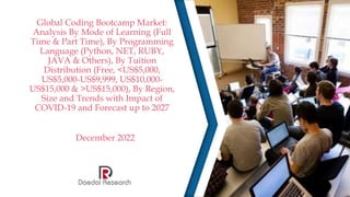 Global Coding Bootcamp Market:
Analysis By Mode of Learning (Full
Time & Part Time), By Programming
Language (Python, NET, RUBY,
JAVA & Others), By Tuition
Distribution (Free, <US$5,000,
US$5,000-US$9,999, US$10,000-
US$15,000 & >US$15,000), By Region,
Size and Trends with Impact of
COVID-19 and Forecast up to 2027
December 2022
 