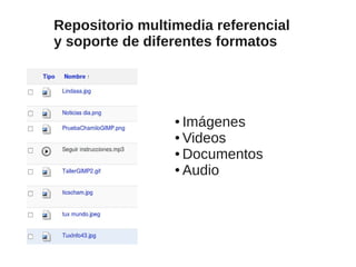 Repositorio multimedia referencial
y soporte de diferentes formatos
● Imágenes
● Videos
● Documentos
● Audio
 