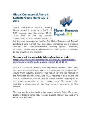 Global Commercial Aircraft
Landing Gears Market 2012 2016
Global Commercial Aircraft Landing
Gears market to grow at a CAGR of
5.15 percent over the period 20122016. One of the key factors
contributing to this market growth is
the increase in passenger traffic. The Global Commercial Aircraft
Landing Gears market has also been witnessing an increasing
demand for low-maintenance landing gears. However,
increasing technological advancements could pose a challenge
to the growth of this market.
To check out the complete table of contents, visit:
http://www.marketresearchreports.biz/analysis-details/globalcommercial-aircraft-landing-gears-market-2012-2016
Global Commercial Aircraft Landing Gears Market 2012-2016,
has been prepared based on an in-depth market analysis with
inputs from industry experts. The report covers the market in
the Americas and the EMEA and APAC regions; it also covers the
Global Commercial Aircraft Landing Gears market landscape and
its growth prospects in the coming years. The report also
includes a discussion of the key vendors operating in this
market.
The key vendors dominating this space include Eaton Corp. plc,
Liebherr-International AG, Messier Bugatti Dowty SA, and UTC
Aerospace Systems.

 