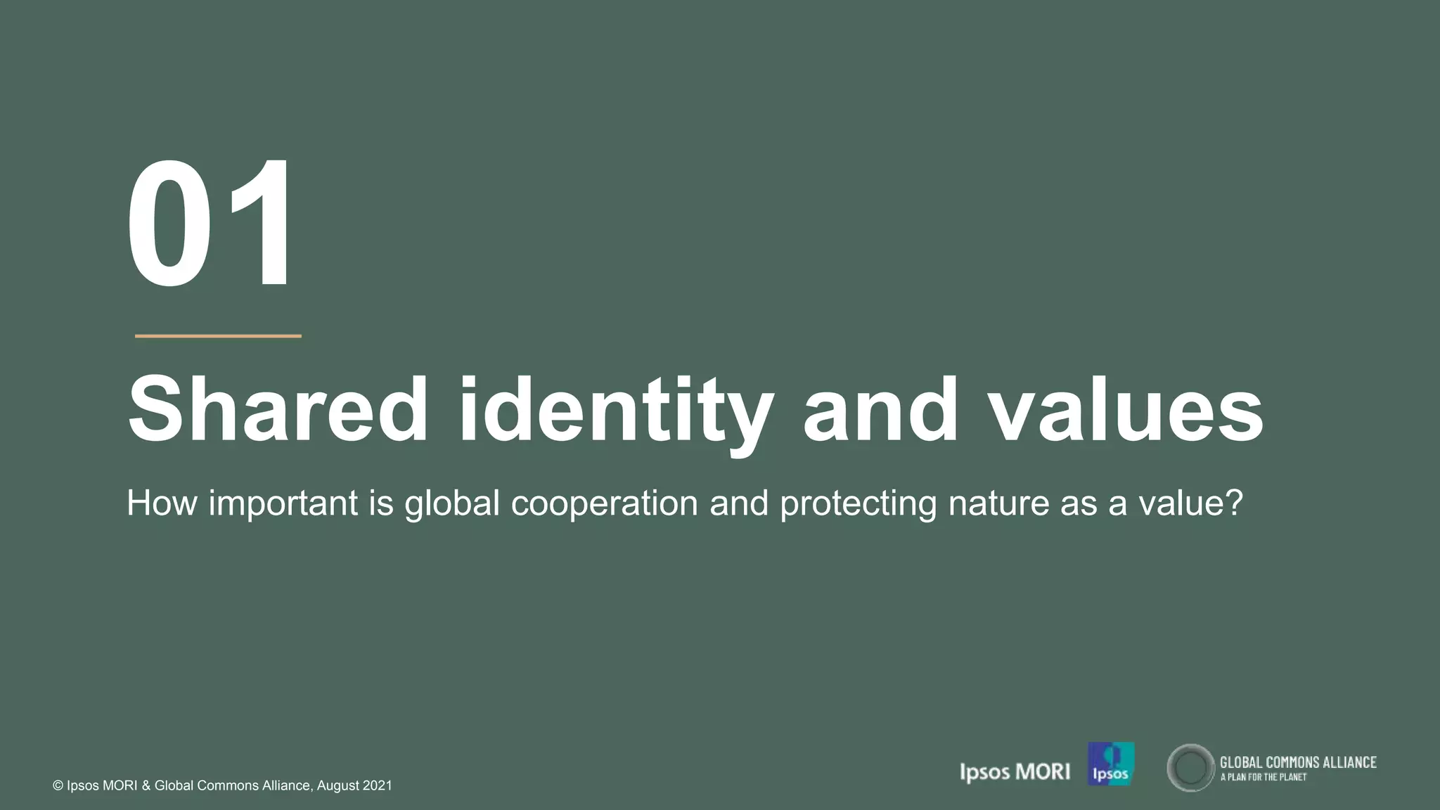 © Ipsos MORI & Global Commons Alliance, August 2021
Shared identity and values
How important is global cooperation and protecting nature as a value?
01
 