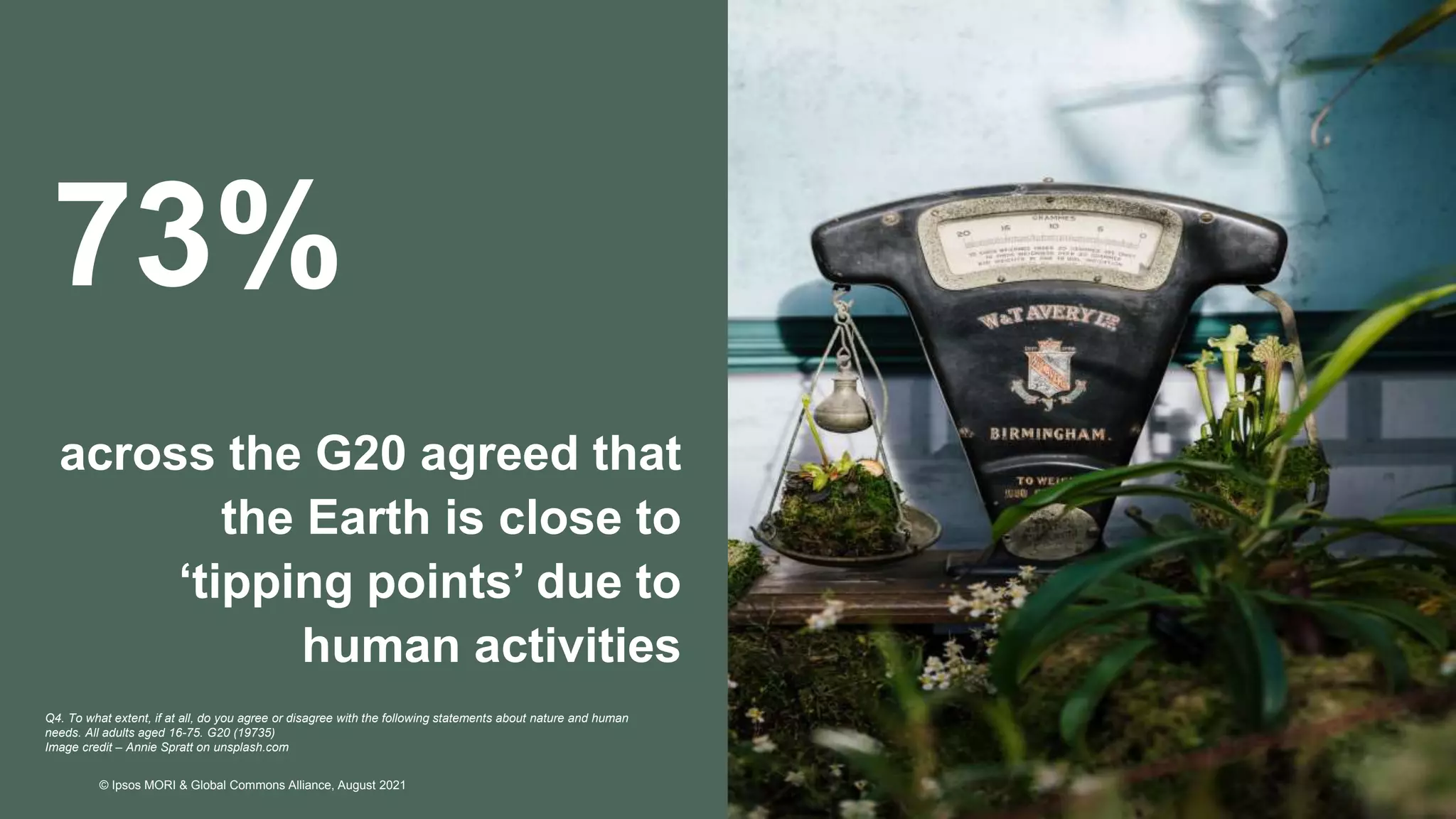 © Ipsos MORI & Global Commons Alliance, August 2021
73%
across the G20 agreed that
the Earth is close to
‘tipping points’ due to
human activities
Q4. To what extent, if at all, do you agree or disagree with the following statements about nature and human
needs. All adults aged 16-75. G20 (19735)
Image credit – Annie Spratt on unsplash.com
 