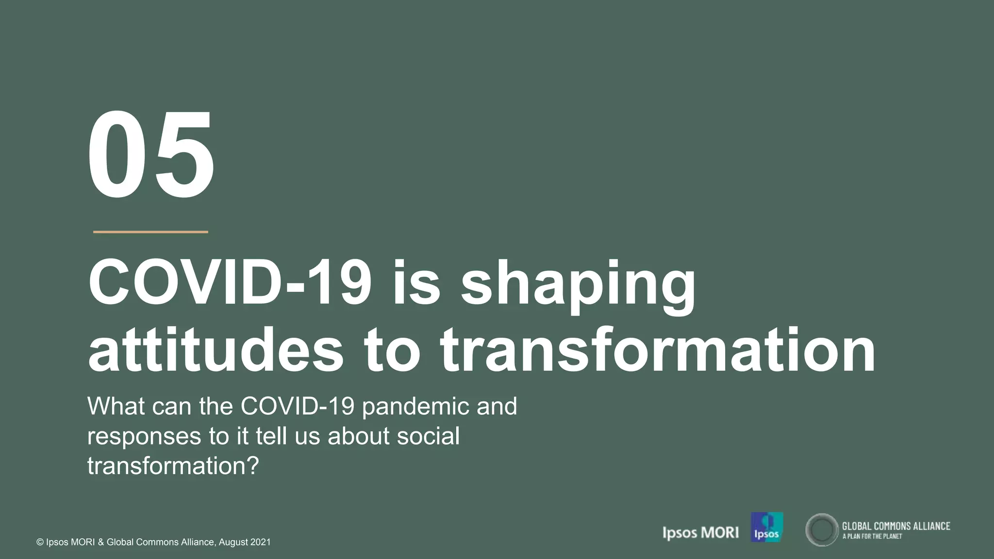 © Ipsos MORI & Global Commons Alliance, August 2021
COVID-19 is shaping
attitudes to transformation
What can the COVID-19 pandemic and
responses to it tell us about social
transformation?
05
 