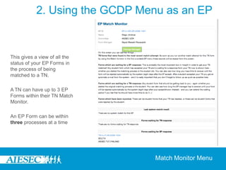 2. Using the GCDP Menu as an EPIn ‘My Forms’ Menu, you would be able to view two types of forms:My EP FormsThis is where all the EP forms connected with your profile whose realisation date havent been completed will be viewedMy Saved TN FormsThis is where, all TN Forms on viewing them, you choose to ‘Save’ them, would be stored for easy access.  My Forms Menu