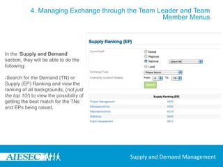 4. Managing Exchange through the Team Leader and Team Member MenusIn the managers ‘Browse Exchanges’ section, they will be able to do the following:-TN Managers: search for Suitable EPs and then search for their TN and begin the match process with their TN.-EP Managers: search for Suitable TNs and then search for their EP and begin the match process with their EP.Browse Exchanges