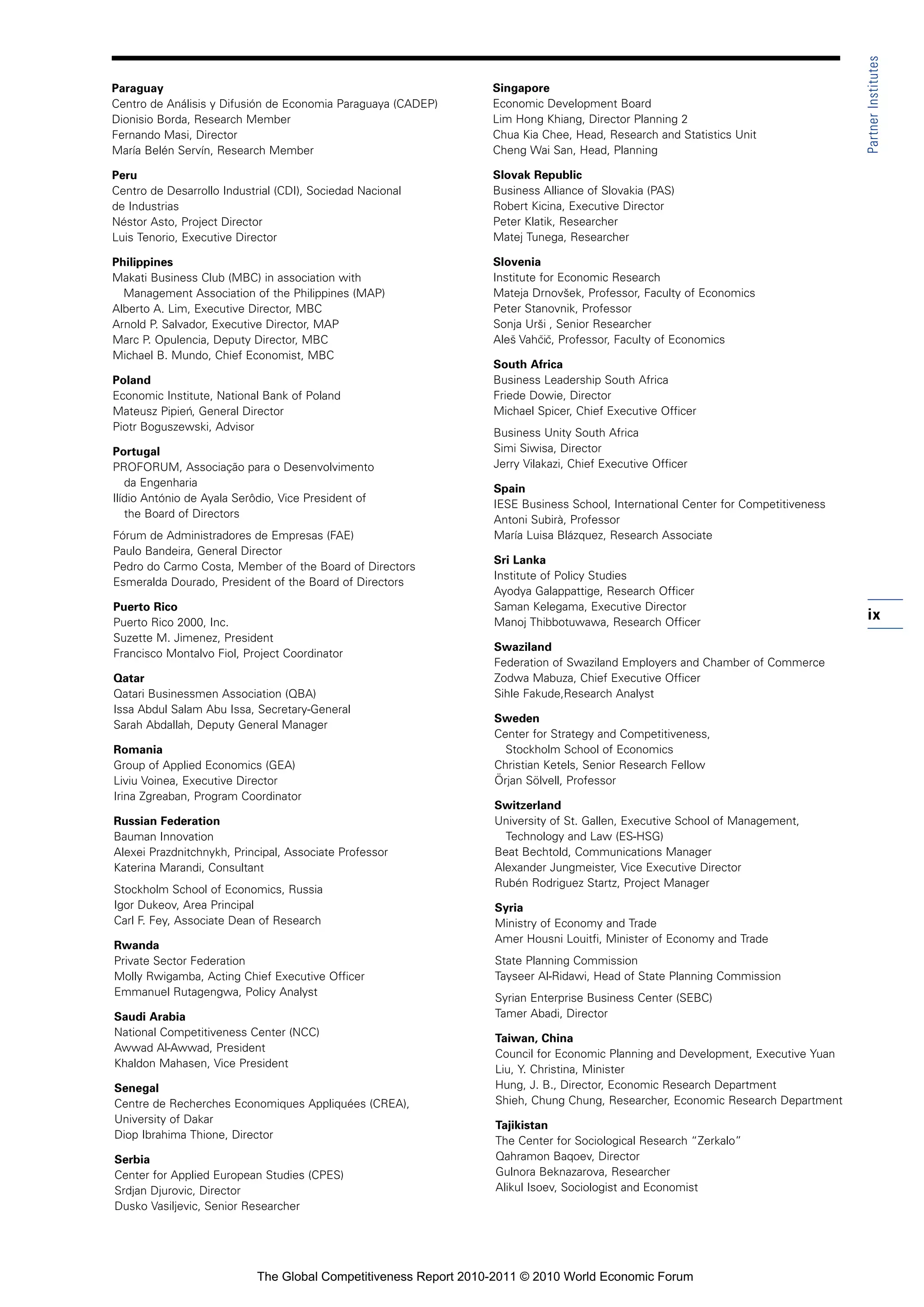 Partner Institutes
Paraguay                                                          Singapore
Centro de Análisis y Difusión de Economia Paraguaya (CADEP)       Economic Development Board
Dionisio Borda, Research Member                                   Lim Hong Khiang, Director Planning 2
Fernando Masi, Director                                           Chua Kia Chee, Head, Research and Statistics Unit
María Belén Servín, Research Member                               Cheng Wai San, Head, Planning

Peru                                                              Slovak Republic
Centro de Desarrollo Industrial (CDI), Sociedad Nacional          Business Alliance of Slovakia (PAS)
de Industrias                                                     Robert Kicina, Executive Director
Néstor Asto, Project Director                                     Peter Klatik, Researcher
Luis Tenorio, Executive Director                                  Matej Tunega, Researcher

Philippines                                                       Slovenia
Makati Business Club (MBC) in association with                    Institute for Economic Research
  Management Association of the Philippines (MAP)                 Mateja Drnovšek, Professor, Faculty of Economics
Alberto A. Lim, Executive Director, MBC                           Peter Stanovnik, Professor
Arnold P. Salvador, Executive Director, MAP                       Sonja Urši , Senior Researcher
Marc P. Opulencia, Deputy Director, MBC                           Ales Vahc ˘, Professor, Faculty of Economics
                                                                      ˘     ˘ic
Michael B. Mundo, Chief Economist, MBC
                                                                  South Africa
Poland                                                            Business Leadership South Africa
Economic Institute, National Bank of Poland                       Friede Dowie, Director
Mateusz Pipien General Director
              ´,                                                  Michael Spicer, Chief Executive Officer
Piotr Boguszewski, Advisor
                                                                  Business Unity South Africa
Portugal                                                          Simi Siwisa, Director
PROFORUM, Associação para o Desenvolvimento                       Jerry Vilakazi, Chief Executive Officer
   da Engenharia
                                                                  Spain
Ilídio António de Ayala Serôdio, Vice President of
                                                                  IESE Business School, International Center for Competitiveness
   the Board of Directors
                                                                  Antoni Subirà, Professor
Fórum de Administradores de Empresas (FAE)                        María Luisa Blázquez, Research Associate
Paulo Bandeira, General Director
                                                                  Sri Lanka
Pedro do Carmo Costa, Member of the Board of Directors
                                                                  Institute of Policy Studies
Esmeralda Dourado, President of the Board of Directors
                                                                  Ayodya Galappattige, Research Officer
Puerto Rico                                                       Saman Kelegama, Executive Director
Puerto Rico 2000, Inc.                                            Manoj Thibbotuwawa, Research Officer
                                                                                                                                   ix
Suzette M. Jimenez, President
                                                                  Swaziland
Francisco Montalvo Fiol, Project Coordinator
                                                                  Federation of Swaziland Employers and Chamber of Commerce
Qatar                                                             Zodwa Mabuza, Chief Executive Officer
Qatari Businessmen Association (QBA)                              Sihle Fakude,Research Analyst
Issa Abdul Salam Abu Issa, Secretary-General
                                                                  Sweden
Sarah Abdallah, Deputy General Manager
                                                                  Center for Strategy and Competitiveness,
Romania                                                             Stockholm School of Economics
Group of Applied Economics (GEA)                                  Christian Ketels, Senior Research Fellow
Liviu Voinea, Executive Director                                  Örjan Sölvell, Professor
Irina Zgreaban, Program Coordinator
                                                                  Switzerland
Russian Federation                                                University of St. Gallen, Executive School of Management,
Bauman Innovation                                                   Technology and Law (ES-HSG)
Alexei Prazdnitchnykh, Principal, Associate Professor             Beat Bechtold, Communications Manager
Katerina Marandi, Consultant                                      Alexander Jungmeister, Vice Executive Director
                                                                  Rubén Rodriguez Startz, Project Manager
Stockholm School of Economics, Russia
Igor Dukeov, Area Principal                                       Syria
Carl F. Fey, Associate Dean of Research                           Ministry of Economy and Trade
                                                                  Amer Housni Louitfi, Minister of Economy and Trade
Rwanda
Private Sector Federation                                         State Planning Commission
Molly Rwigamba, Acting Chief Executive Officer                    Tayseer Al-Ridawi, Head of State Planning Commission
Emmanuel Rutagengwa, Policy Analyst
                                                                  Syrian Enterprise Business Center (SEBC)
Saudi Arabia                                                      Tamer Abadi, Director
National Competitiveness Center (NCC)
                                                                  Taiwan, China
Awwad Al-Awwad, President
                                                                  Council for Economic Planning and Development, Executive Yuan
Khaldon Mahasen, Vice President
                                                                  Liu, Y. Christina, Minister
Senegal                                                           Hung, J. B., Director, Economic Research Department
Centre de Recherches Economiques Appliquées (CREA),               Shieh, Chung Chung, Researcher, Economic Research Department
University of Dakar
                                                                  Tajikistan
Diop Ibrahima Thione, Director
                                                                  The Center for Sociological Research “Zerkalo”
Serbia                                                            Qahramon Baqoev, Director
Center for Applied European Studies (CPES)                        Gulnora Beknazarova, Researcher
Srdjan Djurovic, Director                                         Alikul Isoev, Sociologist and Economist
Dusko Vasiljevic, Senior Researcher




                            The Global Competitiveness Report 2010-2011 © 2010 World Economic Forum
 