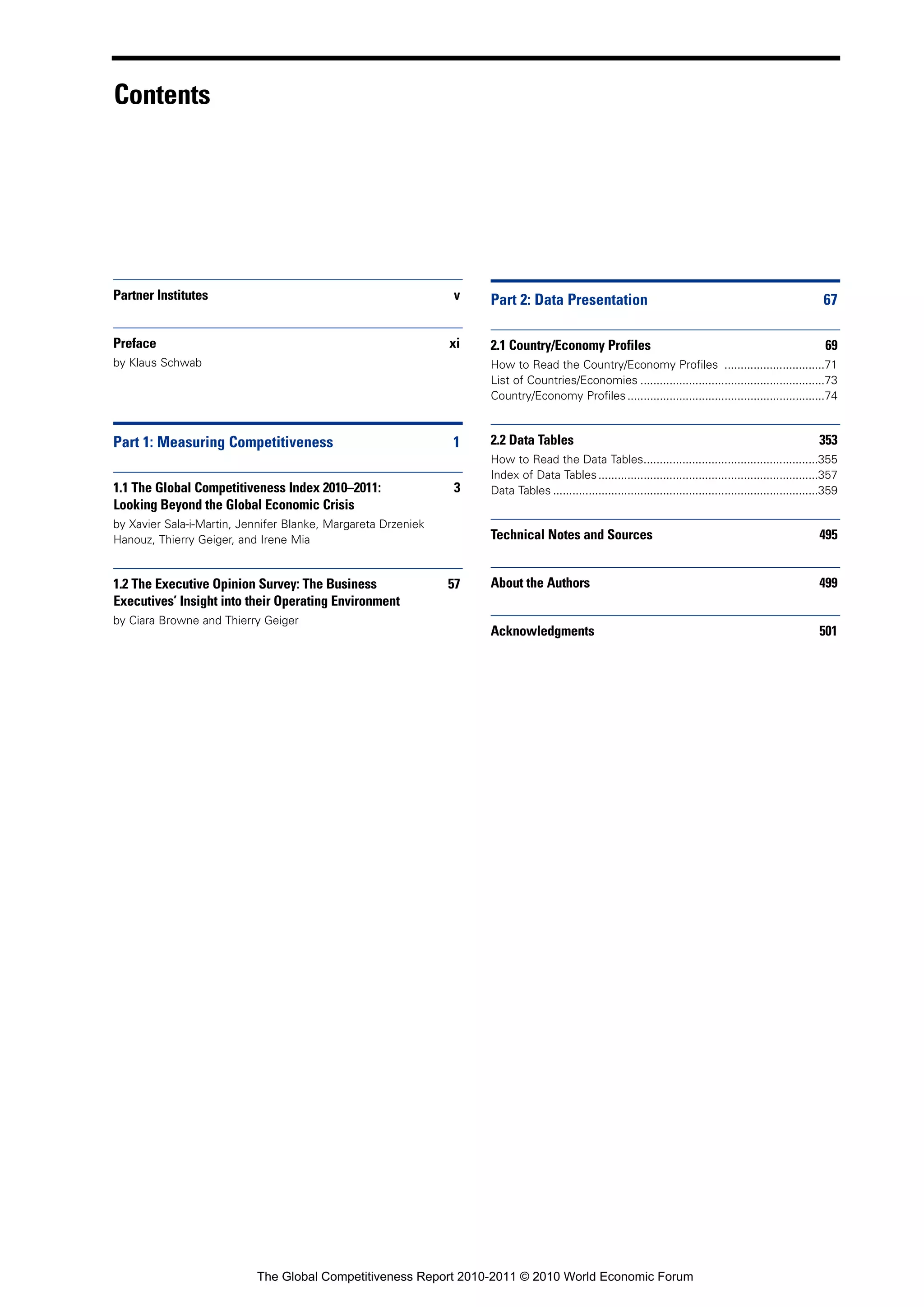 Contents




Partner Institutes                                             v    Part 2: Data Presentation                                                                    67

Preface                                                        xi   2.1 Country/Economy Profiles                                                                 69
by Klaus Schwab                                                     How to Read the Country/Economy Profiles ...............................71
                                                                    List of Countries/Economies .........................................................73
                                                                    Country/Economy Profiles .............................................................74



Part 1: Measuring Competitiveness                              1    2.2 Data Tables                                                                            353
                                                                    How to Read the Data Tables......................................................355
                                                                    Index of Data Tables ....................................................................357
1.1 The Global Competitiveness Index 2010–2011:                3    Data Tables ..................................................................................359
Looking Beyond the Global Economic Crisis
by Xavier Sala-i-Martin, Jennifer Blanke, Margareta Drzeniek
Hanouz, Thierry Geiger, and Irene Mia                               Technical Notes and Sources                                                                495


1.2 The Executive Opinion Survey: The Business                 57   About the Authors                                                                          499
Executives’ Insight into their Operating Environment
by Ciara Browne and Thierry Geiger
                                                                    Acknowledgments                                                                            501




                           The Global Competitiveness Report 2010-2011 © 2010 World Economic Forum
 