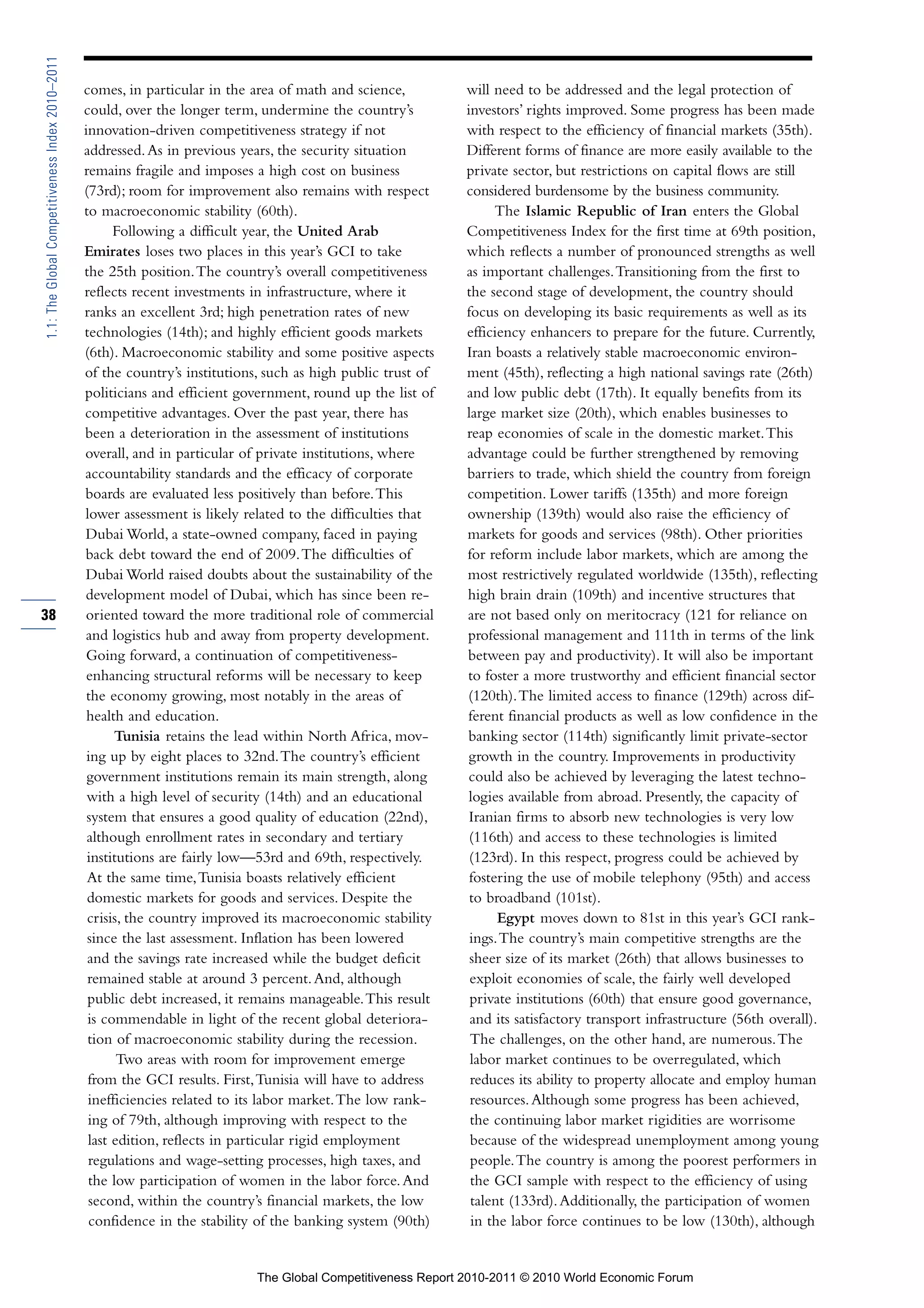 1.1: The Global Competitiveness Index 2010–2011

                                                  comes, in particular in the area of math and science,          will need to be addressed and the legal protection of
                                                  could, over the longer term, undermine the country’s           investors’ rights improved. Some progress has been made
                                                  innovation-driven competitiveness strategy if not              with respect to the efficiency of financial markets (35th).
                                                  addressed. As in previous years, the security situation        Different forms of finance are more easily available to the
                                                  remains fragile and imposes a high cost on business            private sector, but restrictions on capital flows are still
                                                  (73rd); room for improvement also remains with respect         considered burdensome by the business community.
                                                  to macroeconomic stability (60th).                                   The Islamic Republic of Iran enters the Global
                                                        Following a difficult year, the United Arab              Competitiveness Index for the first time at 69th position,
                                                  Emirates loses two places in this year’s GCI to take           which reflects a number of pronounced strengths as well
                                                  the 25th position. The country’s overall competitiveness       as important challenges. Transitioning from the first to
                                                  reflects recent investments in infrastructure, where it        the second stage of development, the country should
                                                  ranks an excellent 3rd; high penetration rates of new          focus on developing its basic requirements as well as its
                                                  technologies (14th); and highly efficient goods markets        efficiency enhancers to prepare for the future. Currently,
                                                  (6th). Macroeconomic stability and some positive aspects       Iran boasts a relatively stable macroeconomic environ-
                                                  of the country’s institutions, such as high public trust of    ment (45th), reflecting a high national savings rate (26th)
                                                  politicians and efficient government, round up the list of     and low public debt (17th). It equally benefits from its
                                                  competitive advantages. Over the past year, there has          large market size (20th), which enables businesses to
                                                  been a deterioration in the assessment of institutions         reap economies of scale in the domestic market. This
                                                  overall, and in particular of private institutions, where      advantage could be further strengthened by removing
                                                  accountability standards and the efficacy of corporate         barriers to trade, which shield the country from foreign
                                                  boards are evaluated less positively than before. This         competition. Lower tariffs (135th) and more foreign
                                                  lower assessment is likely related to the difficulties that    ownership (139th) would also raise the efficiency of
                                                  Dubai World, a state-owned company, faced in paying            markets for goods and services (98th). Other priorities
                                                  back debt toward the end of 2009. The difficulties of          for reform include labor markets, which are among the
                                                  Dubai World raised doubts about the sustainability of the      most restrictively regulated worldwide (135th), reflecting
                                                  development model of Dubai, which has since been re-           high brain drain (109th) and incentive structures that
38                                                oriented toward the more traditional role of commercial        are not based only on meritocracy (121 for reliance on
                                                  and logistics hub and away from property development.          professional management and 111th in terms of the link
                                                  Going forward, a continuation of competitiveness-              between pay and productivity). It will also be important
                                                   enhancing structural reforms will be necessary to keep        to foster a more trustworthy and efficient financial sector
                                                   the economy growing, most notably in the areas of             (120th). The limited access to finance (129th) across dif-
                                                   health and education.                                         ferent financial products as well as low confidence in the
                                                        Tunisia retains the lead within North Africa, mov-       banking sector (114th) significantly limit private-sector
                                                   ing up by eight places to 32nd. The country’s efficient       growth in the country. Improvements in productivity
                                                   government institutions remain its main strength, along        could also be achieved by leveraging the latest techno-
                                                   with a high level of security (14th) and an educational        logies available from abroad. Presently, the capacity of
                                                   system that ensures a good quality of education (22nd),        Iranian firms to absorb new technologies is very low
                                                   although enrollment rates in secondary and tertiary            (116th) and access to these technologies is limited
                                                   institutions are fairly low—53rd and 69th, respectively.       (123rd). In this respect, progress could be achieved by
                                                   At the same time, Tunisia boasts relatively efficient          fostering the use of mobile telephony (95th) and access
                                                   domestic markets for goods and services. Despite the           to broadband (101st).
                                                   crisis, the country improved its macroeconomic stability            Egypt moves down to 81st in this year’s GCI rank-
                                                   since the last assessment. Inflation has been lowered          ings. The country’s main competitive strengths are the
                                                   and the savings rate increased while the budget deficit        sheer size of its market (26th) that allows businesses to
                                                   remained stable at around 3 percent. And, although             exploit economies of scale, the fairly well developed
                                                   public debt increased, it remains manageable. This result      private institutions (60th) that ensure good governance,
                                                   is commendable in light of the recent global deteriora-        and its satisfactory transport infrastructure (56th overall).
                                                   tion of macroeconomic stability during the recession.          The challenges, on the other hand, are numerous. The
                                                         Two areas with room for improvement emerge               labor market continues to be overregulated, which
                                                   from the GCI results. First, Tunisia will have to address      reduces its ability to property allocate and employ human
                                                   inefficiencies related to its labor market. The low rank-      resources. Although some progress has been achieved,
                                                   ing of 79th, although improving with respect to the            the continuing labor market rigidities are worrisome
                                                   last edition, reflects in particular rigid employment          because of the widespread unemployment among young
                                                   regulations and wage-setting processes, high taxes, and        people. The country is among the poorest performers in
                                                   the low participation of women in the labor force. And         the GCI sample with respect to the efficiency of using
                                                   second, within the country’s financial markets, the low        talent (133rd). Additionally, the participation of women
                                                   confidence in the stability of the banking system (90th)       in the labor force continues to be low (130th), although


                                                                               The Global Competitiveness Report 2010-2011 © 2010 World Economic Forum
 