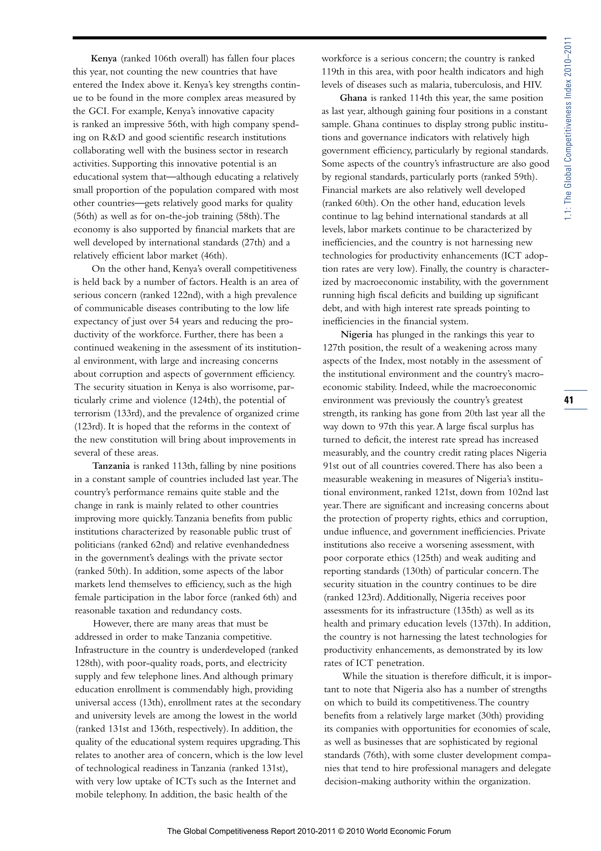 1.1: The Global Competitiveness Index 2010–2011
      Kenya (ranked 106th overall) has fallen four places     workforce is a serious concern; the country is ranked
this year, not counting the new countries that have           119th in this area, with poor health indicators and high
entered the Index above it. Kenya’s key strengths contin-     levels of diseases such as malaria, tuberculosis, and HIV.
ue to be found in the more complex areas measured by                Ghana is ranked 114th this year, the same position
the GCI. For example, Kenya’s innovative capacity             as last year, although gaining four positions in a constant
is ranked an impressive 56th, with high company spend-        sample. Ghana continues to display strong public institu-
ing on R&D and good scientific research institutions          tions and governance indicators with relatively high
collaborating well with the business sector in research       government efficiency, particularly by regional standards.
activities. Supporting this innovative potential is an        Some aspects of the country’s infrastructure are also good
educational system that—although educating a relatively       by regional standards, particularly ports (ranked 59th).
small proportion of the population compared with most         Financial markets are also relatively well developed
other countries—gets relatively good marks for quality        (ranked 60th). On the other hand, education levels
(56th) as well as for on-the-job training (58th). The         continue to lag behind international standards at all
economy is also supported by financial markets that are       levels, labor markets continue to be characterized by
well developed by international standards (27th) and a        inefficiencies, and the country is not harnessing new
relatively efficient labor market (46th).                     technologies for productivity enhancements (ICT adop-
      On the other hand, Kenya’s overall competitiveness      tion rates are very low). Finally, the country is character-
is held back by a number of factors. Health is an area of     ized by macroeconomic instability, with the government
serious concern (ranked 122nd), with a high prevalence        running high fiscal deficits and building up significant
of communicable diseases contributing to the low life         debt, and with high interest rate spreads pointing to
expectancy of just over 54 years and reducing the pro-        inefficiencies in the financial system.
ductivity of the workforce. Further, there has been a               Nigeria has plunged in the rankings this year to
continued weakening in the assessment of its institution-     127th position, the result of a weakening across many
al environment, with large and increasing concerns            aspects of the Index, most notably in the assessment of
about corruption and aspects of government efficiency.        the institutional environment and the country’s macro-
The security situation in Kenya is also worrisome, par-       economic stability. Indeed, while the macroeconomic
ticularly crime and violence (124th), the potential of         environment was previously the country’s greatest                41
terrorism (133rd), and the prevalence of organized crime       strength, its ranking has gone from 20th last year all the
(123rd). It is hoped that the reforms in the context of        way down to 97th this year. A large fiscal surplus has
the new constitution will bring about improvements in          turned to deficit, the interest rate spread has increased
several of these areas.                                        measurably, and the country credit rating places Nigeria
      Tanzania is ranked 113th, falling by nine positions      91st out of all countries covered. There has also been a
 in a constant sample of countries included last year. The     measurable weakening in measures of Nigeria’s institu-
 country’s performance remains quite stable and the            tional environment, ranked 121st, down from 102nd last
 change in rank is mainly related to other countries           year. There are significant and increasing concerns about
 improving more quickly. Tanzania benefits from public         the protection of property rights, ethics and corruption,
 institutions characterized by reasonable public trust of      undue influence, and government inefficiencies. Private
 politicians (ranked 62nd) and relative evenhandedness         institutions also receive a worsening assessment, with
 in the government’s dealings with the private sector          poor corporate ethics (125th) and weak auditing and
 (ranked 50th). In addition, some aspects of the labor         reporting standards (130th) of particular concern. The
 markets lend themselves to efficiency, such as the high       security situation in the country continues to be dire
 female participation in the labor force (ranked 6th) and      (ranked 123rd). Additionally, Nigeria receives poor
 reasonable taxation and redundancy costs.                     assessments for its infrastructure (135th) as well as its
       However, there are many areas that must be              health and primary education levels (137th). In addition,
 addressed in order to make Tanzania competitive.              the country is not harnessing the latest technologies for
 Infrastructure in the country is underdeveloped (ranked       productivity enhancements, as demonstrated by its low
 128th), with poor-quality roads, ports, and electricity       rates of ICT penetration.
 supply and few telephone lines. And although primary                While the situation is therefore difficult, it is impor-
 education enrollment is commendably high, providing           tant to note that Nigeria also has a number of strengths
 universal access (13th), enrollment rates at the secondary    on which to build its competitiveness. The country
 and university levels are among the lowest in the world       benefits from a relatively large market (30th) providing
 (ranked 131st and 136th, respectively). In addition, the      its companies with opportunities for economies of scale,
 quality of the educational system requires upgrading. This    as well as businesses that are sophisticated by regional
 relates to another area of concern, which is the low level    standards (76th), with some cluster development compa-
 of technological readiness in Tanzania (ranked 131st),         nies that tend to hire professional managers and delegate
 with very low uptake of ICTs such as the Internet and          decision-making authority within the organization.
 mobile telephony. In addition, the basic health of the


                        The Global Competitiveness Report 2010-2011 © 2010 World Economic Forum
 