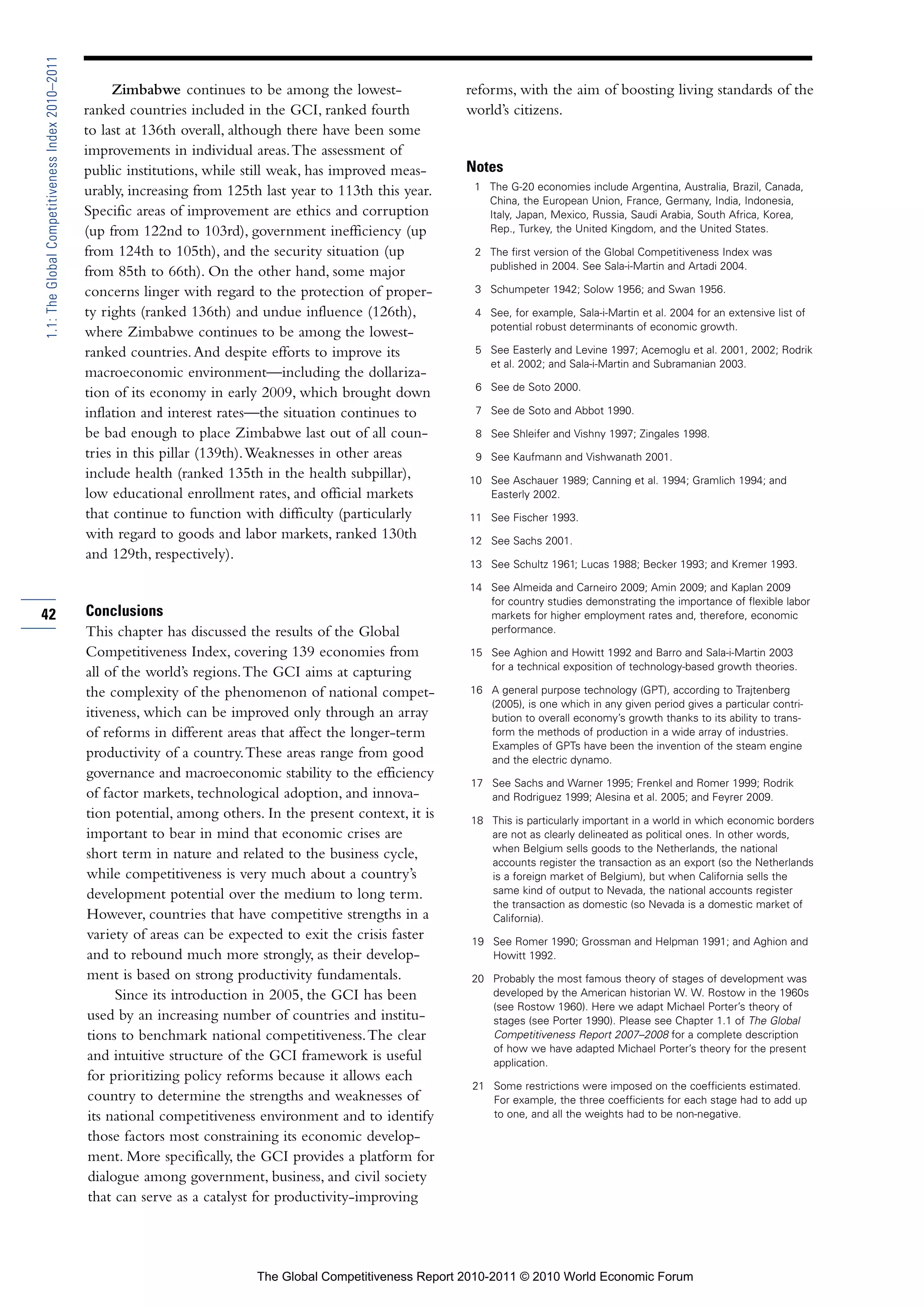 1.1: The Global Competitiveness Index 2010–2011

                                                       Zimbabwe continues to be among the lowest-                reforms, with the aim of boosting living standards of the
                                                  ranked countries included in the GCI, ranked fourth            world’s citizens.
                                                  to last at 136th overall, although there have been some
                                                  improvements in individual areas. The assessment of
                                                  public institutions, while still weak, has improved meas-      Notes
                                                  urably, increasing from 125th last year to 113th this year.     1 The G-20 economies include Argentina, Australia, Brazil, Canada,
                                                                                                                    China, the European Union, France, Germany, India, Indonesia,
                                                  Specific areas of improvement are ethics and corruption           Italy, Japan, Mexico, Russia, Saudi Arabia, South Africa, Korea,
                                                  (up from 122nd to 103rd), government inefficiency (up             Rep., Turkey, the United Kingdom, and the United States.

                                                  from 124th to 105th), and the security situation (up            2 The first version of the Global Competitiveness Index was
                                                                                                                    published in 2004. See Sala-i-Martin and Artadi 2004.
                                                  from 85th to 66th). On the other hand, some major
                                                  concerns linger with regard to the protection of proper-        3 Schumpeter 1942; Solow 1956; and Swan 1956.

                                                  ty rights (ranked 136th) and undue influence (126th),           4 See, for example, Sala-i-Martin et al. 2004 for an extensive list of
                                                                                                                    potential robust determinants of economic growth.
                                                  where Zimbabwe continues to be among the lowest-
                                                  ranked countries. And despite efforts to improve its            5 See Easterly and Levine 1997; Acemoglu et al. 2001, 2002; Rodrik
                                                                                                                    et al. 2002; and Sala-i-Martin and Subramanian 2003.
                                                  macroeconomic environment—including the dollariza-
                                                                                                                  6 See de Soto 2000.
                                                  tion of its economy in early 2009, which brought down
                                                  inflation and interest rates—the situation continues to         7 See de Soto and Abbot 1990.

                                                  be bad enough to place Zimbabwe last out of all coun-           8 See Shleifer and Vishny 1997; Zingales 1998.
                                                  tries in this pillar (139th). Weaknesses in other areas         9 See Kaufmann and Vishwanath 2001.
                                                  include health (ranked 135th in the health subpillar),         10 See Aschauer 1989; Canning et al. 1994; Gramlich 1994; and
                                                  low educational enrollment rates, and official markets            Easterly 2002.
                                                  that continue to function with difficulty (particularly        11 See Fischer 1993.
                                                  with regard to goods and labor markets, ranked 130th           12 See Sachs 2001.
                                                  and 129th, respectively).
                                                                                                                 13 See Schultz 1961; Lucas 1988; Becker 1993; and Kremer 1993.

                                                                                                                 14 See Almeida and Carneiro 2009; Amin 2009; and Kaplan 2009
                                                                                                                    for country studies demonstrating the importance of flexible labor
42                                                Conclusions                                                       markets for higher employment rates and, therefore, economic
                                                  This chapter has discussed the results of the Global              performance.

                                                  Competitiveness Index, covering 139 economies from             15 See Aghion and Howitt 1992 and Barro and Sala-i-Martin 2003
                                                                                                                    for a technical exposition of technology-based growth theories.
                                                  all of the world’s regions. The GCI aims at capturing
                                                  the complexity of the phenomenon of national compet-           16 A general purpose technology (GPT), according to Trajtenberg
                                                                                                                    (2005), is one which in any given period gives a particular contri-
                                                  itiveness, which can be improved only through an array            bution to overall economy’s growth thanks to its ability to trans-
                                                  of reforms in different areas that affect the longer-term         form the methods of production in a wide array of industries.
                                                                                                                    Examples of GPTs have been the invention of the steam engine
                                                  productivity of a country. These areas range from good            and the electric dynamo.
                                                  governance and macroeconomic stability to the efficiency
                                                                                                                 17 See Sachs and Warner 1995; Frenkel and Romer 1999; Rodrik
                                                  of factor markets, technological adoption, and innova-            and Rodriguez 1999; Alesina et al. 2005; and Feyrer 2009.
                                                  tion potential, among others. In the present context, it is    18 This is particularly important in a world in which economic borders
                                                  important to bear in mind that economic crises are                are not as clearly delineated as political ones. In other words,
                                                                                                                    when Belgium sells goods to the Netherlands, the national
                                                  short term in nature and related to the business cycle,
                                                                                                                    accounts register the transaction as an export (so the Netherlands
                                                  while competitiveness is very much about a country’s              is a foreign market of Belgium), but when California sells the
                                                  development potential over the medium to long term.               same kind of output to Nevada, the national accounts register
                                                                                                                    the transaction as domestic (so Nevada is a domestic market of
                                                  However, countries that have competitive strengths in a           California).
                                                  variety of areas can be expected to exit the crisis faster     19 See Romer 1990; Grossman and Helpman 1991; and Aghion and
                                                  and to rebound much more strongly, as their develop-              Howitt 1992.
                                                  ment is based on strong productivity fundamentals.             20 Probably the most famous theory of stages of development was
                                                        Since its introduction in 2005, the GCI has been            developed by the American historian W. W. Rostow in the 1960s
                                                                                                                    (see Rostow 1960). Here we adapt Michael Porter’s theory of
                                                  used by an increasing number of countries and institu-            stages (see Porter 1990). Please see Chapter 1.1 of The Global
                                                  tions to benchmark national competitiveness. The clear            Competitiveness Report 2007–2008 for a complete description
                                                                                                                    of how we have adapted Michael Porter’s theory for the present
                                                  and intuitive structure of the GCI framework is useful            application.
                                                  for prioritizing policy reforms because it allows each
                                                                                                                  21 Some restrictions were imposed on the coefficients estimated.
                                                  country to determine the strengths and weaknesses of               For example, the three coefficients for each stage had to add up
                                                  its national competitiveness environment and to identify           to one, and all the weights had to be non-negative.

                                                  those factors most constraining its economic develop-
                                                  ment. More specifically, the GCI provides a platform for
                                                  dialogue among government, business, and civil society
                                                  that can serve as a catalyst for productivity-improving




                                                                               The Global Competitiveness Report 2010-2011 © 2010 World Economic Forum
 