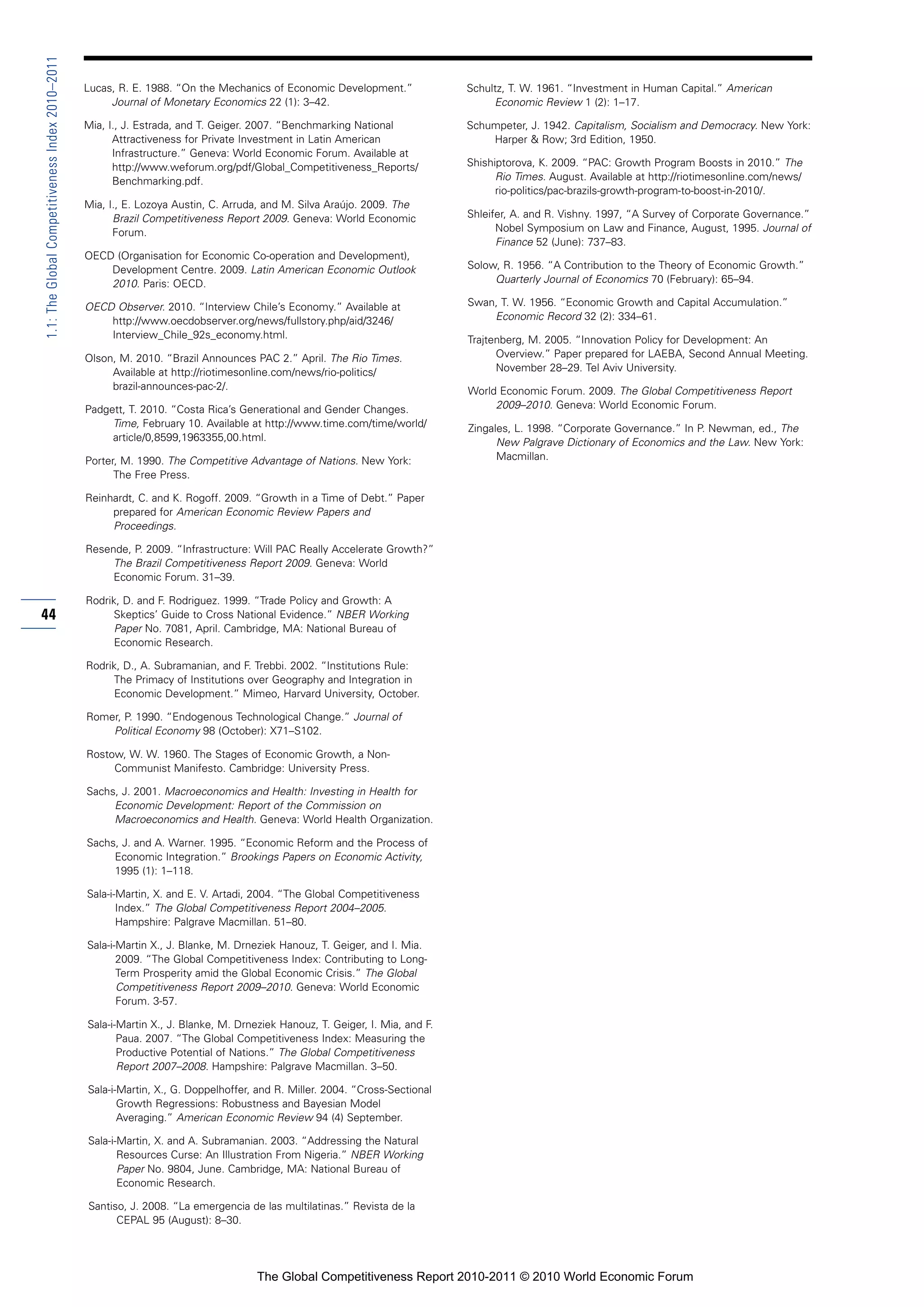 1.1: The Global Competitiveness Index 2010–2011

                                                  Lucas, R. E. 1988. “On the Mechanics of Economic Development.”               Schultz, T. W. 1961. “Investment in Human Capital.” American
                                                       Journal of Monetary Economics 22 (1): 3–42.                                  Economic Review 1 (2): 1–17.

                                                  Mia, I., J. Estrada, and T. Geiger. 2007. “Benchmarking National             Schumpeter, J. 1942. Capitalism, Socialism and Democracy. New York:
                                                        Attractiveness for Private Investment in Latin American                    Harper & Row; 3rd Edition, 1950.
                                                        Infrastructure.” Geneva: World Economic Forum. Available at
                                                        http://www.weforum.org/pdf/Global_Competitiveness_Reports/             Shishiptorova, K. 2009. “PAC: Growth Program Boosts in 2010.” The
                                                        Benchmarking.pdf.                                                            Rio Times. August. Available at http://riotimesonline.com/news/
                                                                                                                                     rio-politics/pac-brazils-growth-program-to-boost-in-2010/.
                                                  Mia, I., E. Lozoya Austin, C. Arruda, and M. Silva Araújo. 2009. The
                                                        Brazil Competitiveness Report 2009. Geneva: World Economic             Shleifer, A. and R. Vishny. 1997, “A Survey of Corporate Governance.”
                                                        Forum.                                                                       Nobel Symposium on Law and Finance, August, 1995. Journal of
                                                                                                                                     Finance 52 (June): 737–83.
                                                  OECD (Organisation for Economic Co-operation and Development),
                                                      Development Centre. 2009. Latin American Economic Outlook                Solow, R. 1956. “A Contribution to the Theory of Economic Growth.”
                                                      2010. Paris: OECD.                                                            Quarterly Journal of Economics 70 (February): 65–94.

                                                  OECD Observer. 2010. “Interview Chile’s Economy.” Available at               Swan, T. W. 1956. “Economic Growth and Capital Accumulation.”
                                                      http://www.oecdobserver.org/news/fullstory.php/aid/3246/                     Economic Record 32 (2): 334–61.
                                                      Interview_Chile_92s_economy.html.                                        Trajtenberg, M. 2005. “Innovation Policy for Development: An
                                                  Olson, M. 2010. “Brazil Announces PAC 2.” April. The Rio Times.                    Overview.” Paper prepared for LAEBA, Second Annual Meeting.
                                                       Available at http://riotimesonline.com/news/rio-politics/                     November 28–29. Tel Aviv University.
                                                       brazil-announces-pac-2/.                                                World Economic Forum. 2009. The Global Competitiveness Report
                                                  Padgett, T. 2010. “Costa Rica’s Generational and Gender Changes.                  2009–2010. Geneva: World Economic Forum.
                                                       Time, February 10. Available at http://www.time.com/time/world/         Zingales, L. 1998. “Corporate Governance.” In P. Newman, ed., The
                                                       article/0,8599,1963355,00.html.                                               New Palgrave Dictionary of Economics and the Law. New York:
                                                  Porter, M. 1990. The Competitive Advantage of Nations. New York:                   Macmillan.
                                                        The Free Press.

                                                  Reinhardt, C. and K. Rogoff. 2009. “Growth in a Time of Debt.” Paper
                                                       prepared for American Economic Review Papers and
                                                       Proceedings.

                                                  Resende, P. 2009. “Infrastructure: Will PAC Really Accelerate Growth?”
                                                       The Brazil Competitiveness Report 2009. Geneva: World
                                                       Economic Forum. 31–39.

                                                  Rodrik, D. and F. Rodriguez. 1999. “Trade Policy and Growth: A
44                                                     Skeptics’ Guide to Cross National Evidence.” NBER Working
                                                        Paper No. 7081, April. Cambridge, MA: National Bureau of
                                                        Economic Research.

                                                  Rodrik, D., A. Subramanian, and F. Trebbi. 2002. “Institutions Rule:
                                                       The Primacy of Institutions over Geography and Integration in
                                                        Economic Development.” Mimeo, Harvard University, October.

                                                  Romer, P. 1990. “Endogenous Technological Change.” Journal of
                                                      Political Economy 98 (October): X71–S102.

                                                  Rostow, W. W. 1960. The Stages of Economic Growth, a Non-
                                                       Communist Manifesto. Cambridge: University Press.

                                                  Sachs, J. 2001. Macroeconomics and Health: Investing in Health for
                                                       Economic Development: Report of the Commission on
                                                       Macroeconomics and Health. Geneva: World Health Organization.

                                                  Sachs, J. and A. Warner. 1995. “Economic Reform and the Process of
                                                       Economic Integration.” Brookings Papers on Economic Activity,
                                                       1995 (1): 1–118.

                                                  Sala-i-Martin, X. and E. V. Artadi, 2004. “The Global Competitiveness
                                                         Index.” The Global Competitiveness Report 2004–2005.
                                                         Hampshire: Palgrave Macmillan. 51–80.

                                                  Sala-i-Martin X., J. Blanke, M. Drneziek Hanouz, T. Geiger, and I. Mia.
                                                         2009. “The Global Competitiveness Index: Contributing to Long-
                                                         Term Prosperity amid the Global Economic Crisis.” The Global
                                                         Competitiveness Report 2009–2010. Geneva: World Economic
                                                         Forum. 3-57.

                                                  Sala-i-Martin X., J. Blanke, M. Drneziek Hanouz, T. Geiger, I. Mia, and F.
                                                         Paua. 2007. “The Global Competitiveness Index: Measuring the
                                                         Productive Potential of Nations.” The Global Competitiveness
                                                         Report 2007–2008. Hampshire: Palgrave Macmillan. 3–50.

                                                  Sala-i-Martin, X., G. Doppelhoffer, and R. Miller. 2004. “Cross-Sectional
                                                         Growth Regressions: Robustness and Bayesian Model
                                                         Averaging.” American Economic Review 94 (4) September.

                                                  Sala-i-Martin, X. and A. Subramanian. 2003. “Addressing the Natural
                                                         Resources Curse: An Illustration From Nigeria.” NBER Working
                                                         Paper No. 9804, June. Cambridge, MA: National Bureau of
                                                         Economic Research.

                                                  Santiso, J. 2008. “La emergencia de las multilatinas.” Revista de la
                                                        CEPAL 95 (August): 8–30.




                                                                                      The Global Competitiveness Report 2010-2011 © 2010 World Economic Forum
 