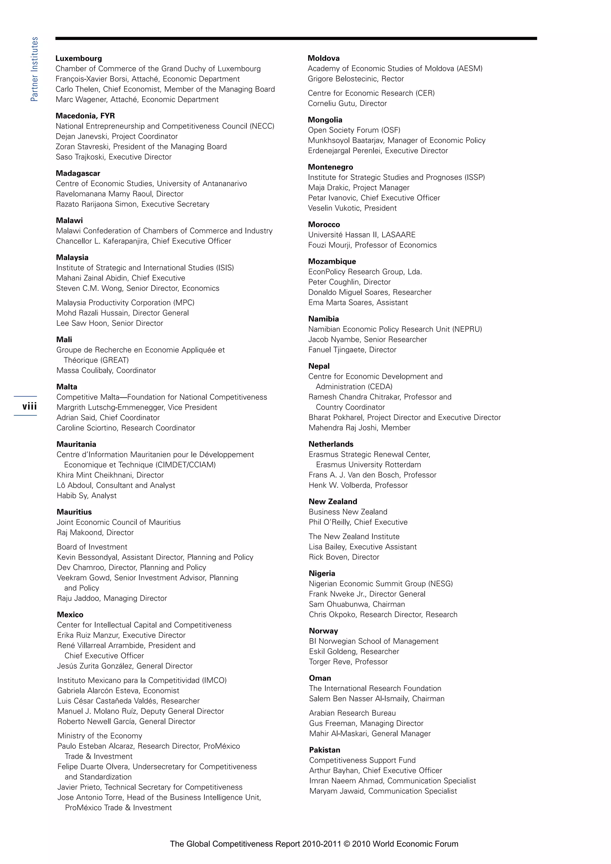 Partner Institutes

                       Luxembourg                                                          Moldova
                       Chamber of Commerce of the Grand Duchy of Luxembourg                Academy of Economic Studies of Moldova (AESM)
                       François-Xavier Borsi, Attaché, Economic Department                 Grigore Belostecinic, Rector
                       Carlo Thelen, Chief Economist, Member of the Managing Board
                                                                                           Centre for Economic Research (CER)
                       Marc Wagener, Attaché, Economic Department
                                                                                           Corneliu Gutu, Director
                       Macedonia, FYR
                                                                                           Mongolia
                       National Entrepreneurship and Competitiveness Council (NECC)
                                                                                           Open Society Forum (OSF)
                       Dejan Janevski, Project Coordinator
                                                                                           Munkhsoyol Baatarjav, Manager of Economic Policy
                       Zoran Stavreski, President of the Managing Board
                                                                                           Erdenejargal Perenlei, Executive Director
                       Saso Trajkoski, Executive Director
                                                                                           Montenegro
                       Madagascar
                                                                                           Institute for Strategic Studies and Prognoses (ISSP)
                       Centre of Economic Studies, University of Antananarivo
                                                                                           Maja Drakic, Project Manager
                       Ravelomanana Mamy Raoul, Director
                                                                                           Petar Ivanovic, Chief Executive Officer
                       Razato Rarijaona Simon, Executive Secretary
                                                                                           Veselin Vukotic, President
                       Malawi
                                                                                           Morocco
                       Malawi Confederation of Chambers of Commerce and Industry
                                                                                           Université Hassan II, LASAARE
                       Chancellor L. Kaferapanjira, Chief Executive Officer
                                                                                           Fouzi Mourji, Professor of Economics
                       Malaysia
                                                                                            Mozambique
                       Institute of Strategic and International Studies (ISIS)
                                                                                            EconPolicy Research Group, Lda.
                       Mahani Zainal Abidin, Chief Executive
                                                                                            Peter Coughlin, Director
                       Steven C.M. Wong, Senior Director, Economics
                                                                                            Donaldo Miguel Soares, Researcher
                       Malaysia Productivity Corporation (MPC)                              Ema Marta Soares, Assistant
                       Mohd Razali Hussain, Director General
                                                                                            Namibia
                       Lee Saw Hoon, Senior Director
                                                                                            Namibian Economic Policy Research Unit (NEPRU)
                       Mali                                                                 Jacob Nyambe, Senior Researcher
                       Groupe de Recherche en Economie Appliquée et                         Fanuel Tjingaete, Director
                         Théorique (GREAT)
                                                                                            Nepal
                       Massa Coulibaly, Coordinator
                                                                                            Centre for Economic Development and
                       Malta                                                                  Administration (CEDA)
                       Competitive Malta—Foundation for National Competitiveness            Ramesh Chandra Chitrakar, Professor and
viii                   Margrith Lutschg-Emmenegger, Vice President                            Country Coordinator
                       Adrian Said, Chief Coordinator                                       Bharat Pokharel, Project Director and Executive Director
                       Caroline Sciortino, Research Coordinator                             Mahendra Raj Joshi, Member

                       Mauritania                                                           Netherlands
                       Centre d’Information Mauritanien pour le Développement               Erasmus Strategic Renewal Center,
                         Economique et Technique (CIMDET/CCIAM)                               Erasmus University Rotterdam
                       Khira Mint Cheikhnani, Director                                      Frans A. J. Van den Bosch, Professor
                       Lô Abdoul, Consultant and Analyst                                    Henk W. Volberda, Professor
                       Habib Sy, Analyst
                                                                                            New Zealand
                       Mauritius                                                            Business New Zealand
                       Joint Economic Council of Mauritius                                  Phil O’Reilly, Chief Executive
                       Raj Makoond, Director
                                                                                            The New Zealand Institute
                       Board of Investment                                                  Lisa Bailey, Executive Assistant
                       Kevin Bessondyal, Assistant Director, Planning and Policy            Rick Boven, Director
                       Dev Chamroo, Director, Planning and Policy
                                                                                            Nigeria
                       Veekram Gowd, Senior Investment Advisor, Planning
                                                                                            Nigerian Economic Summit Group (NESG)
                         and Policy
                                                                                            Frank Nweke Jr., Director General
                       Raju Jaddoo, Managing Director
                                                                                            Sam Ohuabunwa, Chairman
                       Mexico                                                               Chris Okpoko, Research Director, Research
                       Center for Intellectual Capital and Competitiveness
                                                                                            Norway
                       Erika Ruiz Manzur, Executive Director
                                                                                            BI Norwegian School of Management
                       René Villarreal Arrambide, President and
                                                                                            Eskil Goldeng, Researcher
                         Chief Executive Officer
                                                                                            Torger Reve, Professor
                       Jesús Zurita González, General Director
                       Instituto Mexicano para la Competitividad (IMCO)                     Oman
                       Gabriela Alarcón Esteva, Economist                                   The International Research Foundation
                       Luis César Castañeda Valdés, Researcher                              Salem Ben Nasser Al-Ismaily, Chairman
                       Manuel J. Molano Ruíz, Deputy General Director                       Arabian Research Bureau
                       Roberto Newell García, General Director                              Gus Freeman, Managing Director
                       Ministry of the Economy                                              Mahir Al-Maskari, General Manager
                       Paulo Esteban Alcaraz, Research Director, ProMéxico
                                                                                            Pakistan
                         Trade & Investment
                                                                                            Competitiveness Support Fund
                       Felipe Duarte Olvera, Undersecretary for Competitiveness
                                                                                            Arthur Bayhan, Chief Executive Officer
                         and Standardization
                                                                                            Imran Naeem Ahmad, Communication Specialist
                       Javier Prieto, Technical Secretary for Competitiveness
                                                                                            Maryam Jawaid, Communication Specialist
                       Jose Antonio Torre, Head of the Business Intelligence Unit,
                         ProMéxico Trade & Investment



                                                          The Global Competitiveness Report 2010-2011 © 2010 World Economic Forum
 