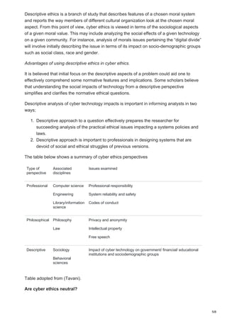 Descriptive ethics is a branch of study that describes features of a chosen moral system
and reports the way members of different cultural organization look at the chosen moral
aspect. From this point of view, cyber ethics is viewed in terms of the sociological aspects
of a given moral value. This may include analyzing the social effects of a given technology
on a given community. For instance, analysis of morals issues pertaining the “digital divide”
will involve initially describing the issue in terms of its impact on socio-demographic groups
such as social class, race and gender.
Advantages of using descriptive ethics in cyber ethics.
It is believed that initial focus on the descriptive aspects of a problem could aid one to
effectively comprehend some normative features and implications. Some scholars believe
that understanding the social impacts of technology from a descriptive perspective
simplifies and clarifies the normative ethical questions.
Descriptive analysis of cyber technology impacts is important in informing analysts in two
ways;
1. Descriptive approach to a question effectively prepares the researcher for
succeeding analysis of the practical ethical issues impacting a systems policies and
laws.
2. Descriptive approach is important to professionals in designing systems that are
devoid of social and ethical struggles of previous versions.
The table below shows a summary of cyber ethics perspectives
Type of
perspective
Associated
disciplines
Issues examined
Professional Computer science
Engineering
Library/information
science
Professional responsibility
System reliability and safety
Codes of conduct
Philosophical Philosophy
Law
Privacy and anonymity
Intellectual property
Free speech
Descriptive Sociology
Behavioral
sciences
Impact of cyber technology on government/ financial/ educational
institutions and sociodemographic groups
Table adopted from (Tavani).
Are cyber ethics neutral?
5/8
 