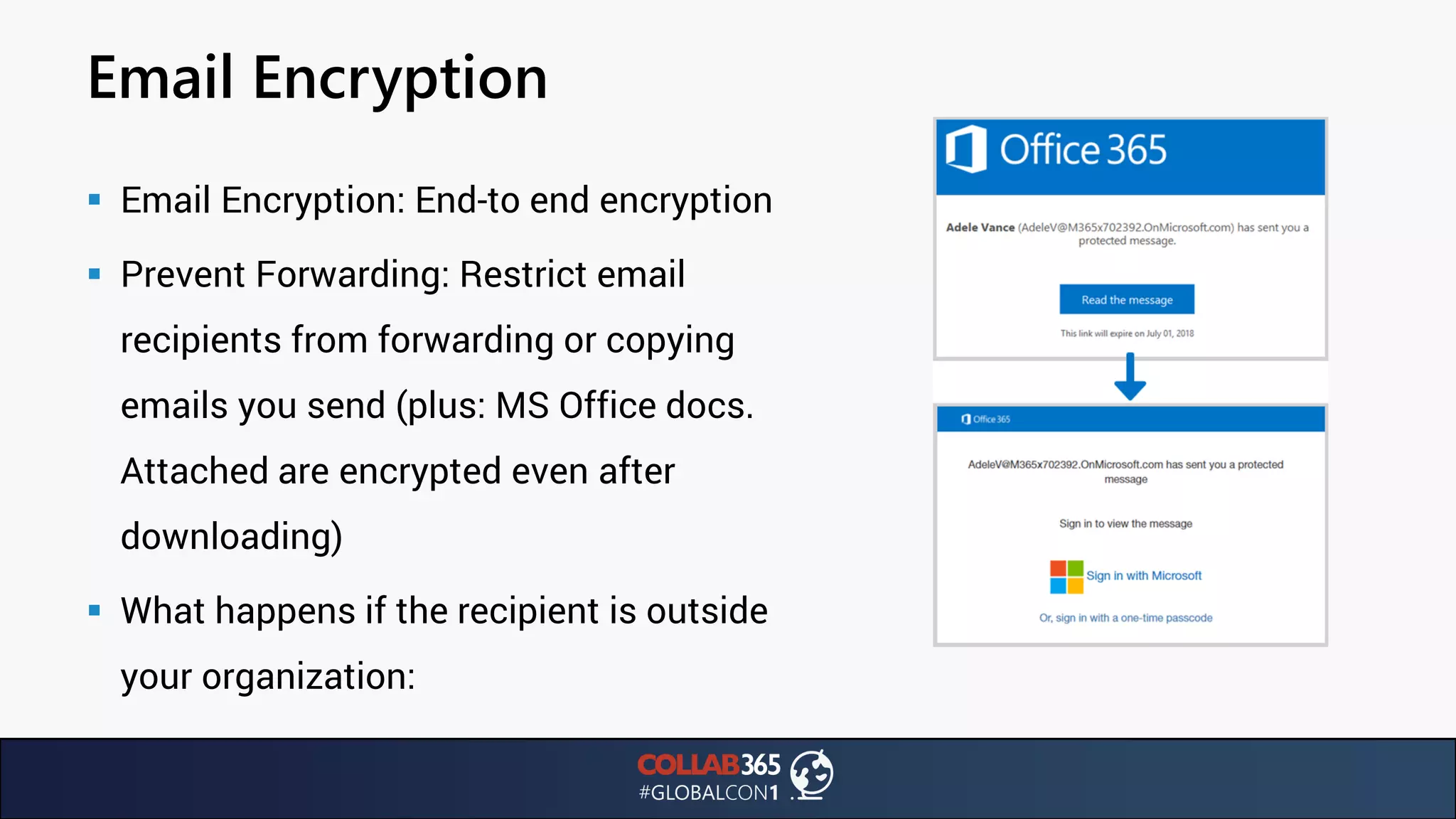 Email Encryption
▪ Email Encryption: End-to end encryption
▪ Prevent Forwarding: Restrict email
recipients from forwarding or copying
emails you send (plus: MS Office docs.
Attached are encrypted even after
downloading)
▪ What happens if the recipient is outside
your organization:
 
